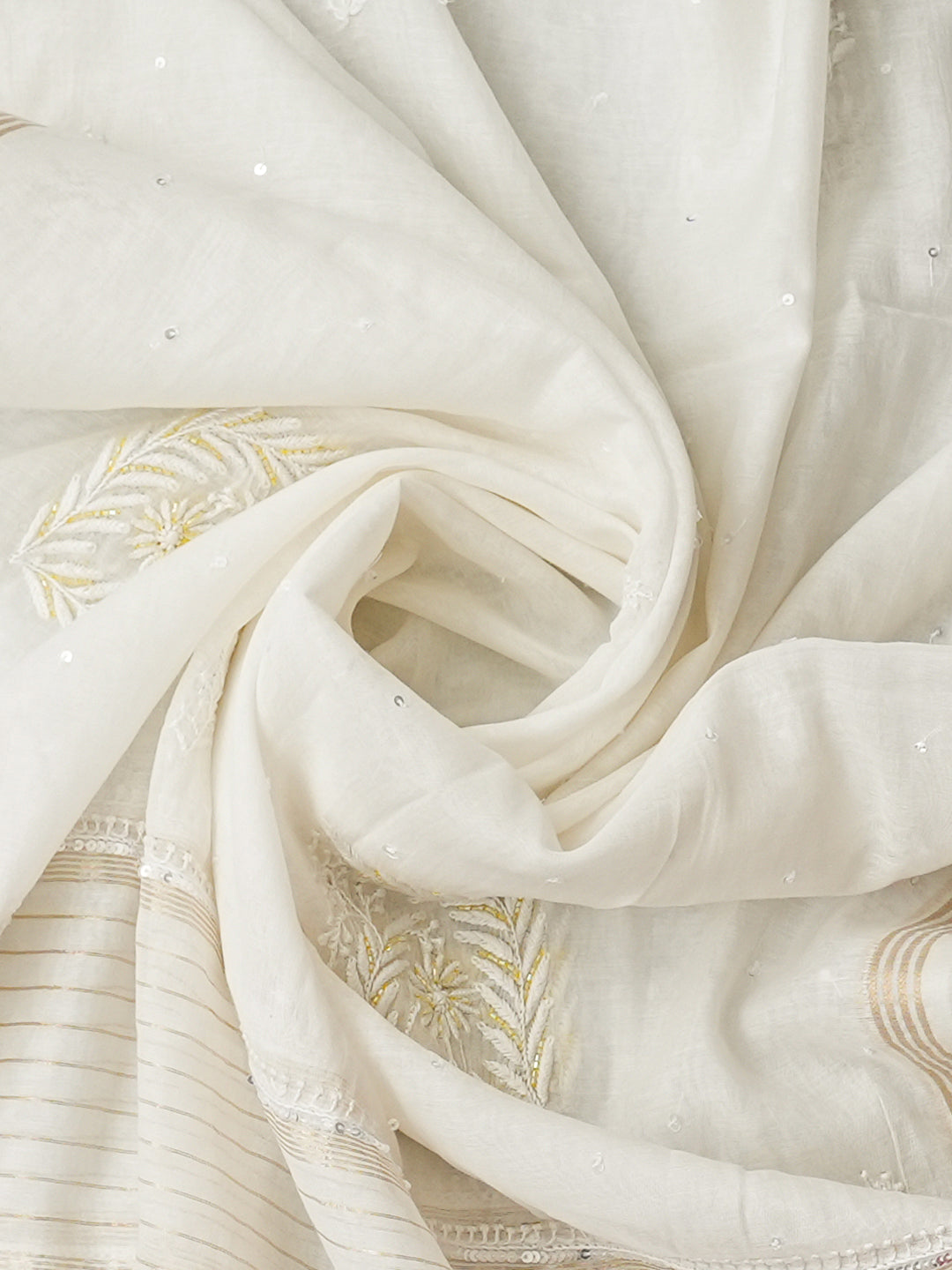 Ada Hand Embroidered White Chanderi Lucknowi Chikankari Semi-Stitched Kurta Dupatta set with Pearl, Sequinned & Cutdana Work 01A988202