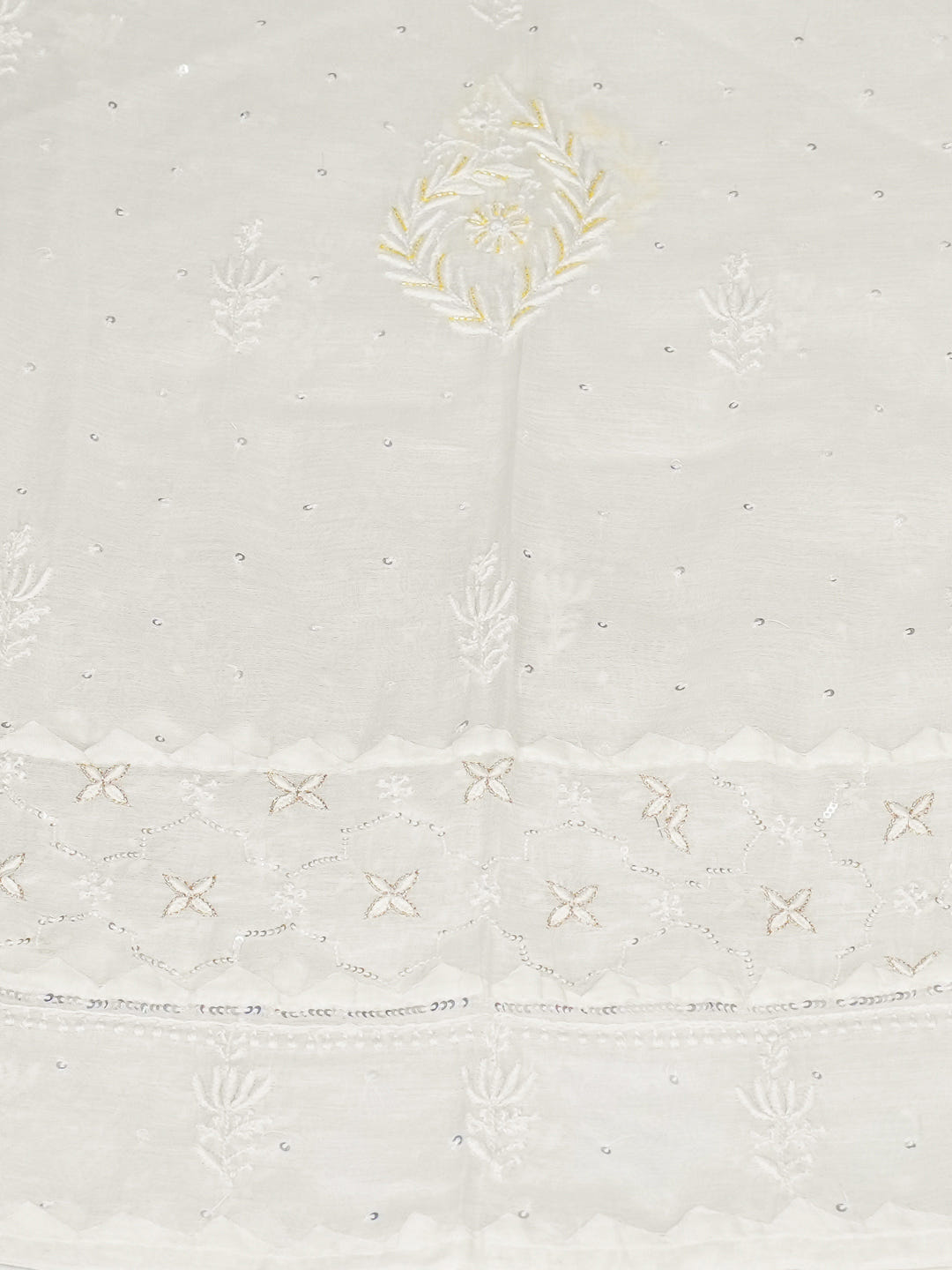 Ada Hand Embroidered White Chanderi Lucknowi Chikankari Semi-Stitched Kurta Dupatta set with Pearl, Sequinned & Cutdana Work 01A988202