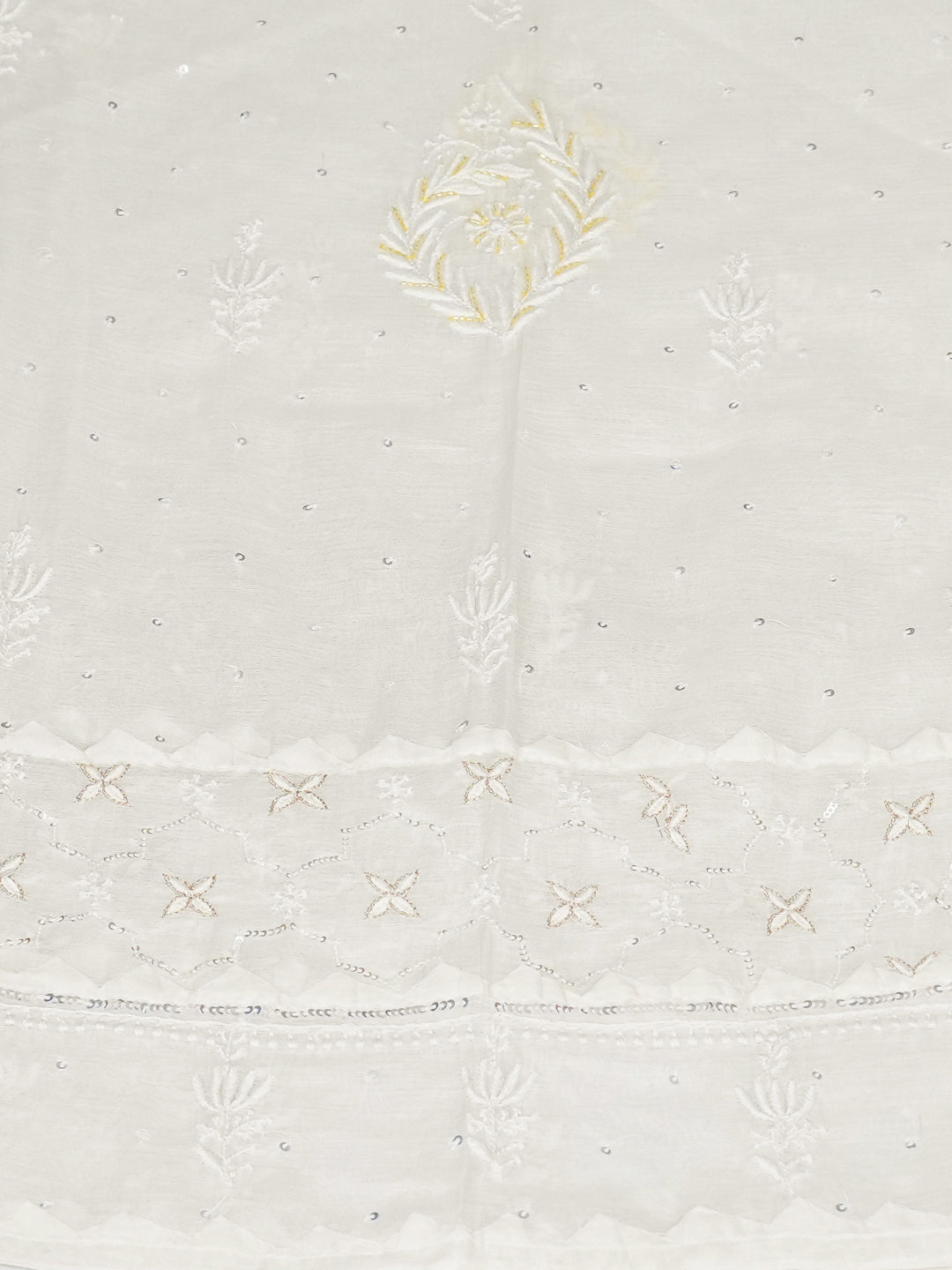 Ada Hand Embroidered White Chanderi Lucknowi Chikankari Semi-Stitched Kurta Dupatta set with Pearl, Sequinned & Cutdana Work 01A988202