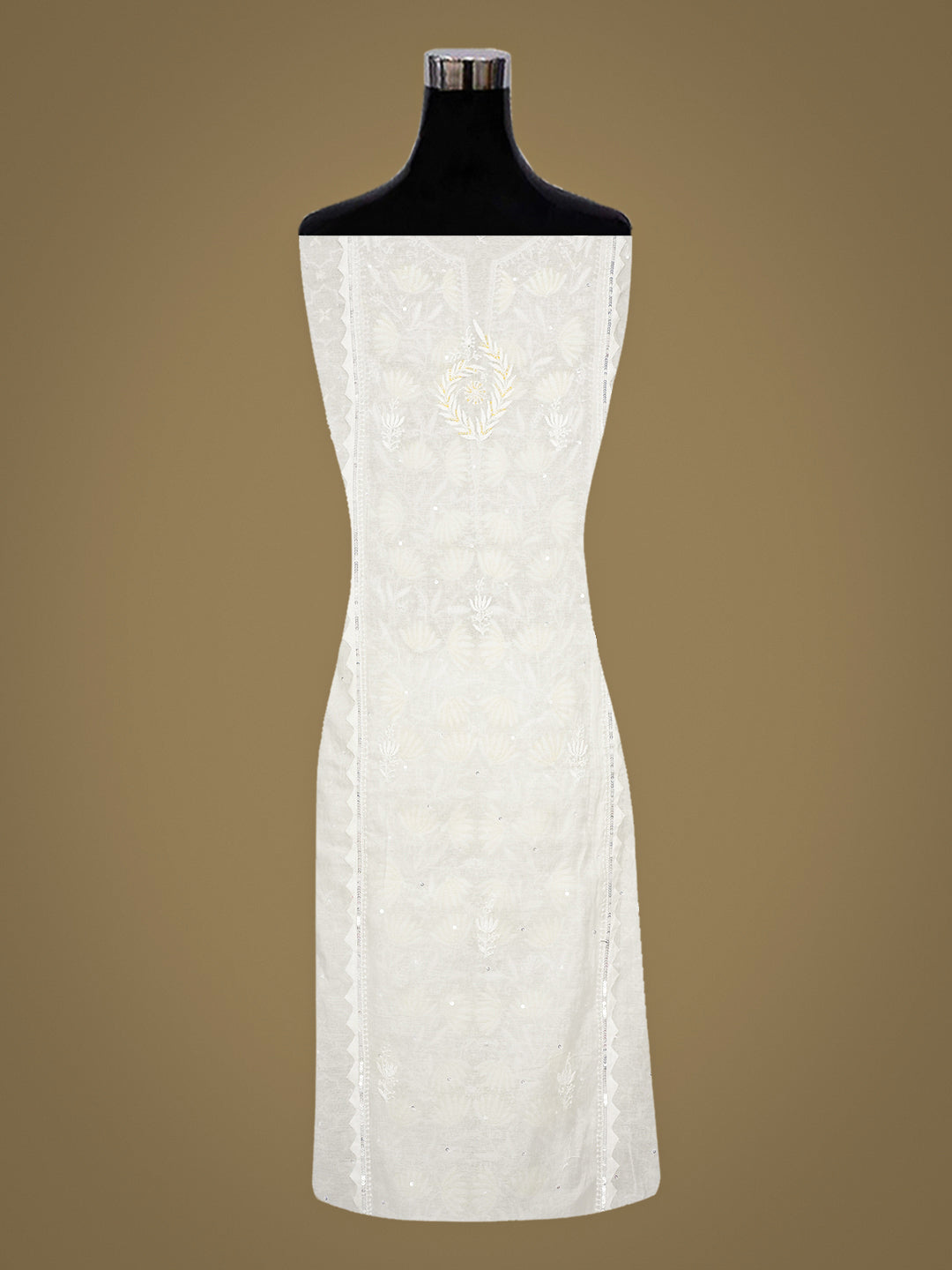 Ada Hand Embroidered White Chanderi Lucknowi Chikankari Semi-Stitched Kurta Dupatta set with Pearl, Sequinned & Cutdana Work 01A988202