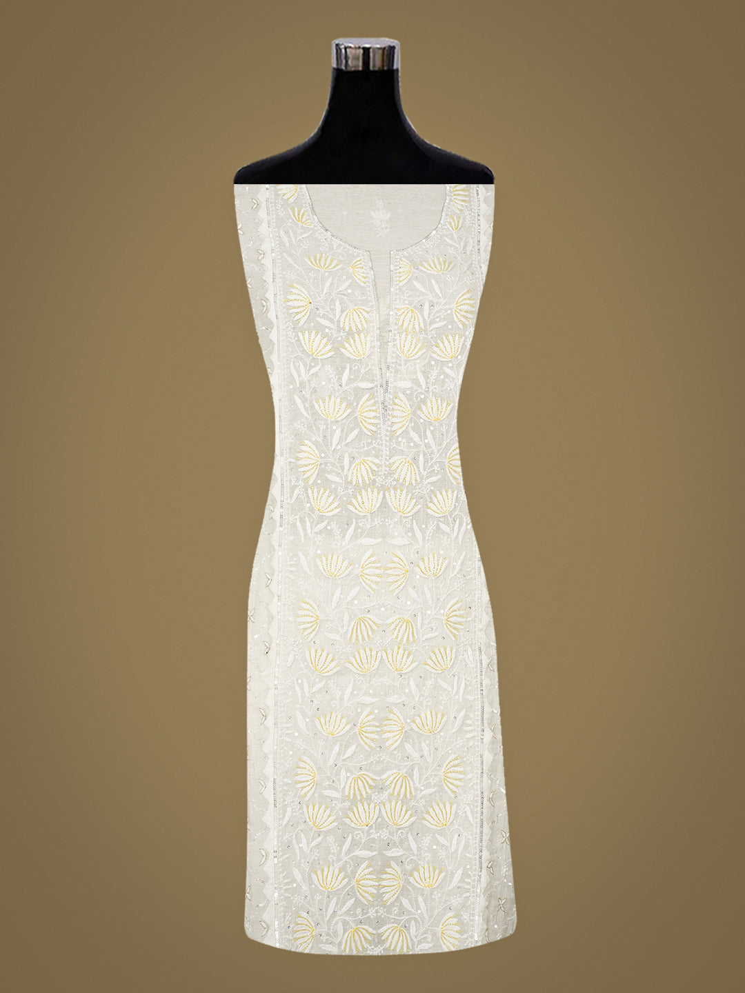 Ada Hand Embroidered White Chanderi Lucknowi Chikankari Semi-Stitched Kurta Dupatta set with Pearl, Sequinned & Cutdana Work 01A988202