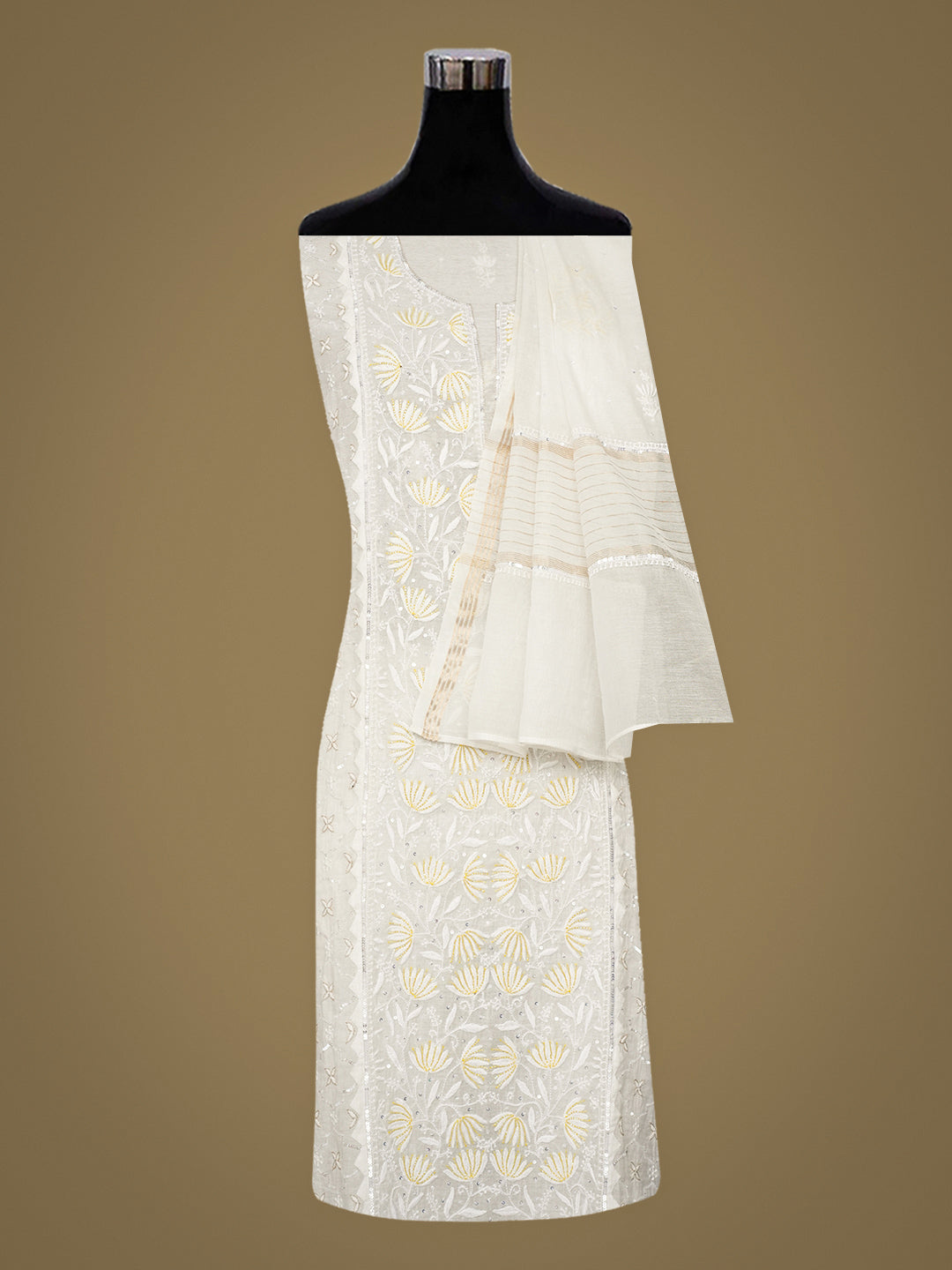Ada Hand Embroidered White Chanderi Lucknowi Chikankari Semi-Stitched Kurta Dupatta set with Pearl, Sequinned & Cutdana Work 01A988202