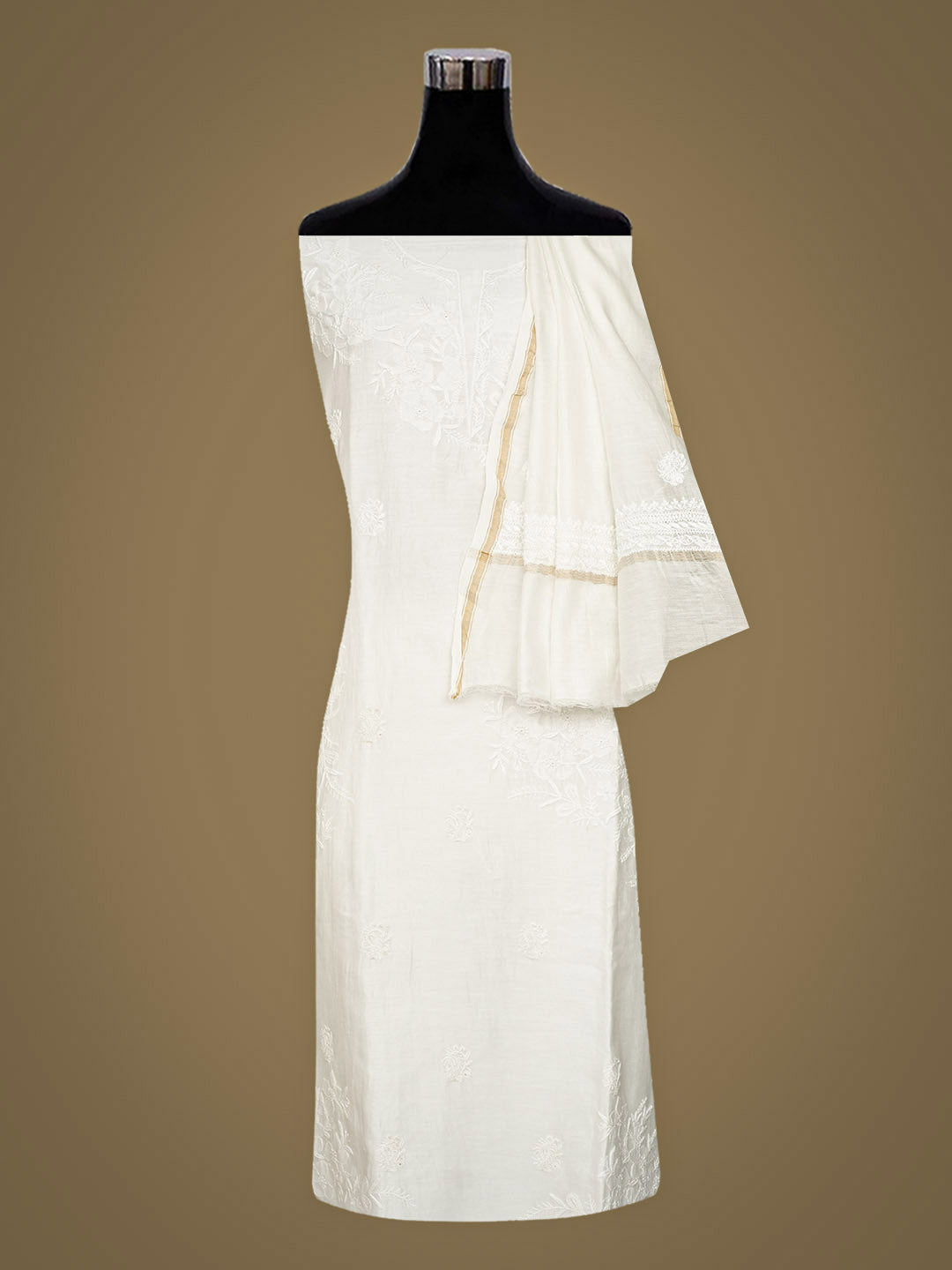 Ada Hand Embroidered White Chanderi Lucknowi Chikankari Semi Unstitched Kurta Dupatta Set 01A896644