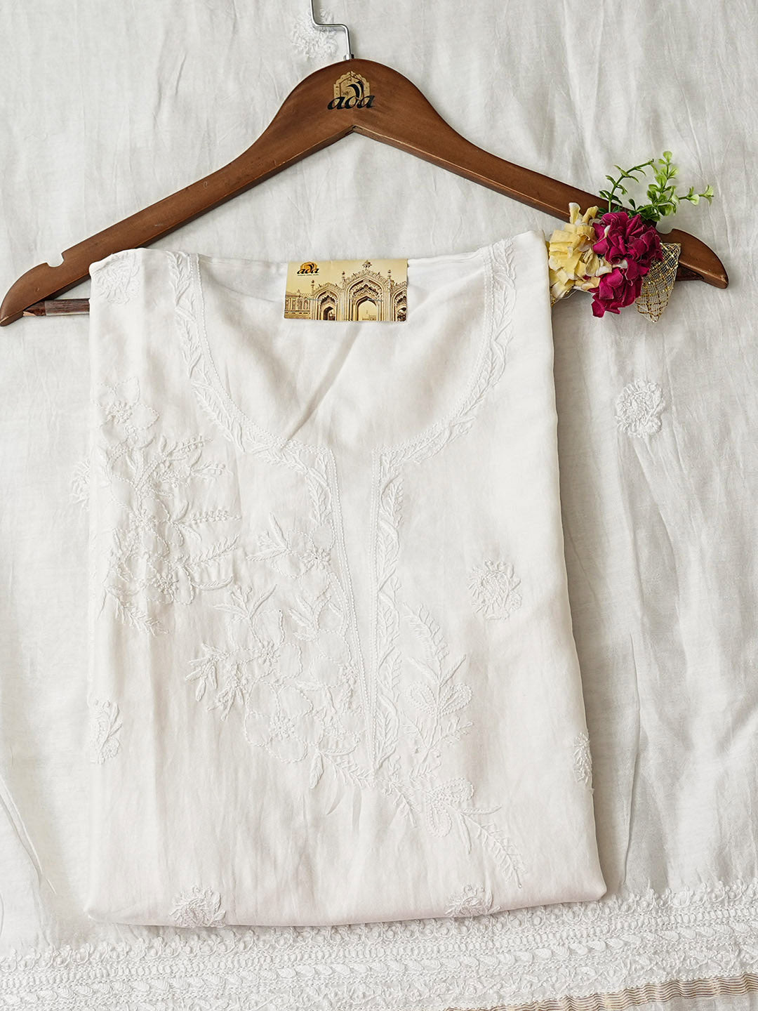 Ada Hand Embroidered White Chanderi Lucknowi Chikankari Semi Unstitched Kurta Dupatta Set 01A896644