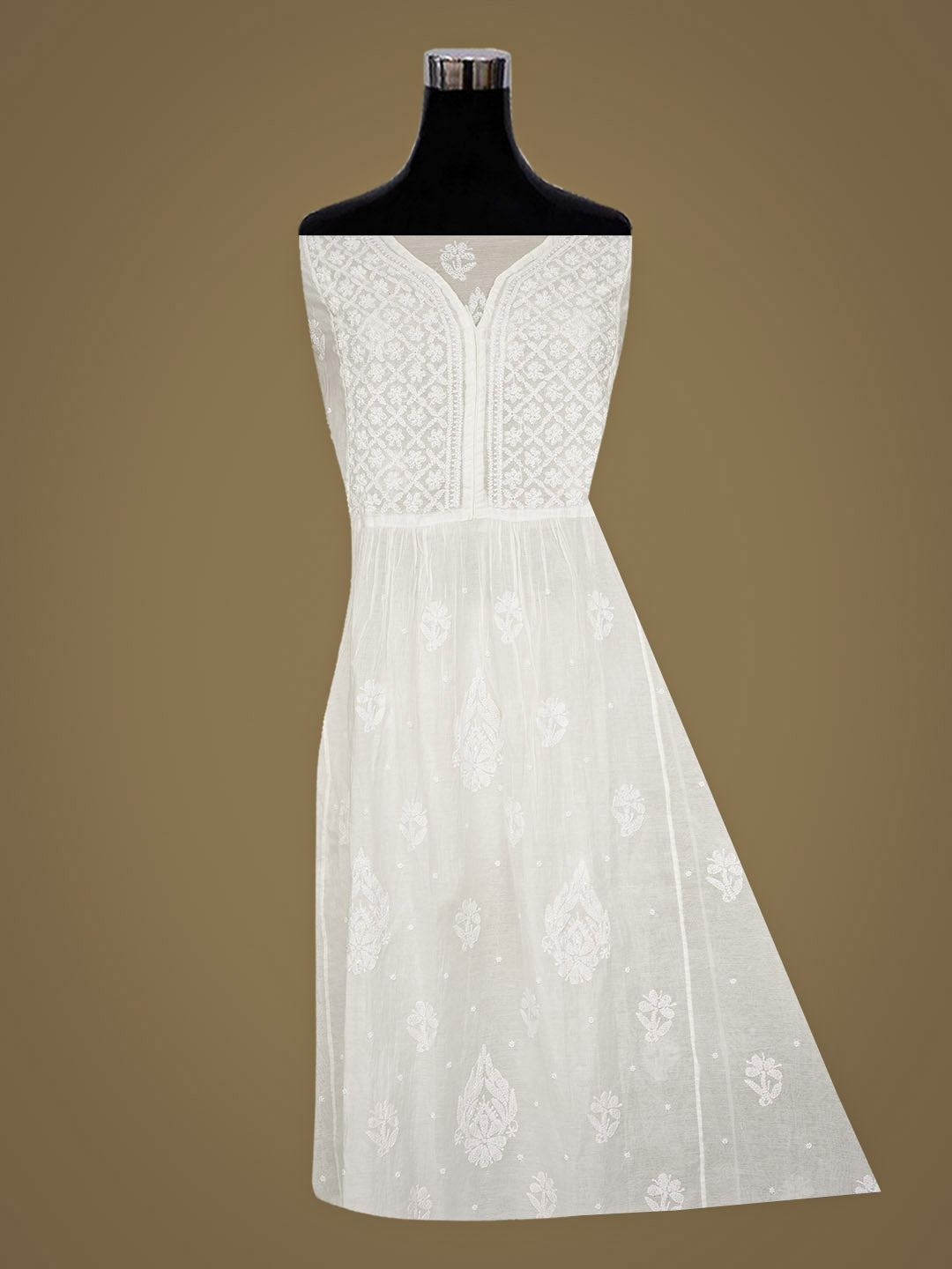Ada Hand Embroidered White Chanderi Lucknowi Chikankari Semi-Stitched Kurta Dupatta Set With Pearl Work 01A980176