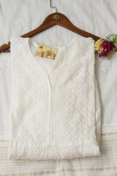 Ada Hand Embroidered White Chanderi Lucknowi Chikankari Semi Unstitched Kurta Dupatta Set With Pearl Work 01A980176