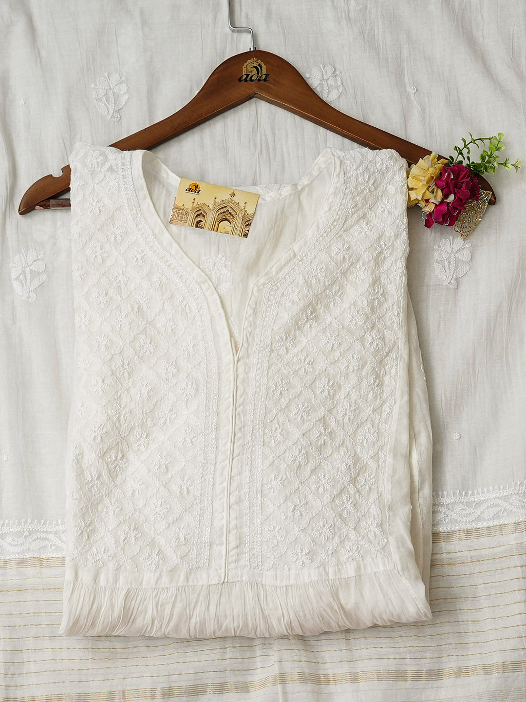 Ada Hand Embroidered White Chanderi Lucknowi Chikankari Semi-Stitched Kurta Dupatta Set With Pearl Work 01A980176