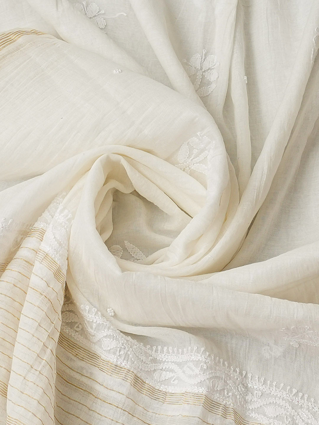 Ada Hand Embroidered White Chanderi Lucknowi Chikankari Semi-Stitched Kurta Dupatta Set With Pearl Work 01A980176