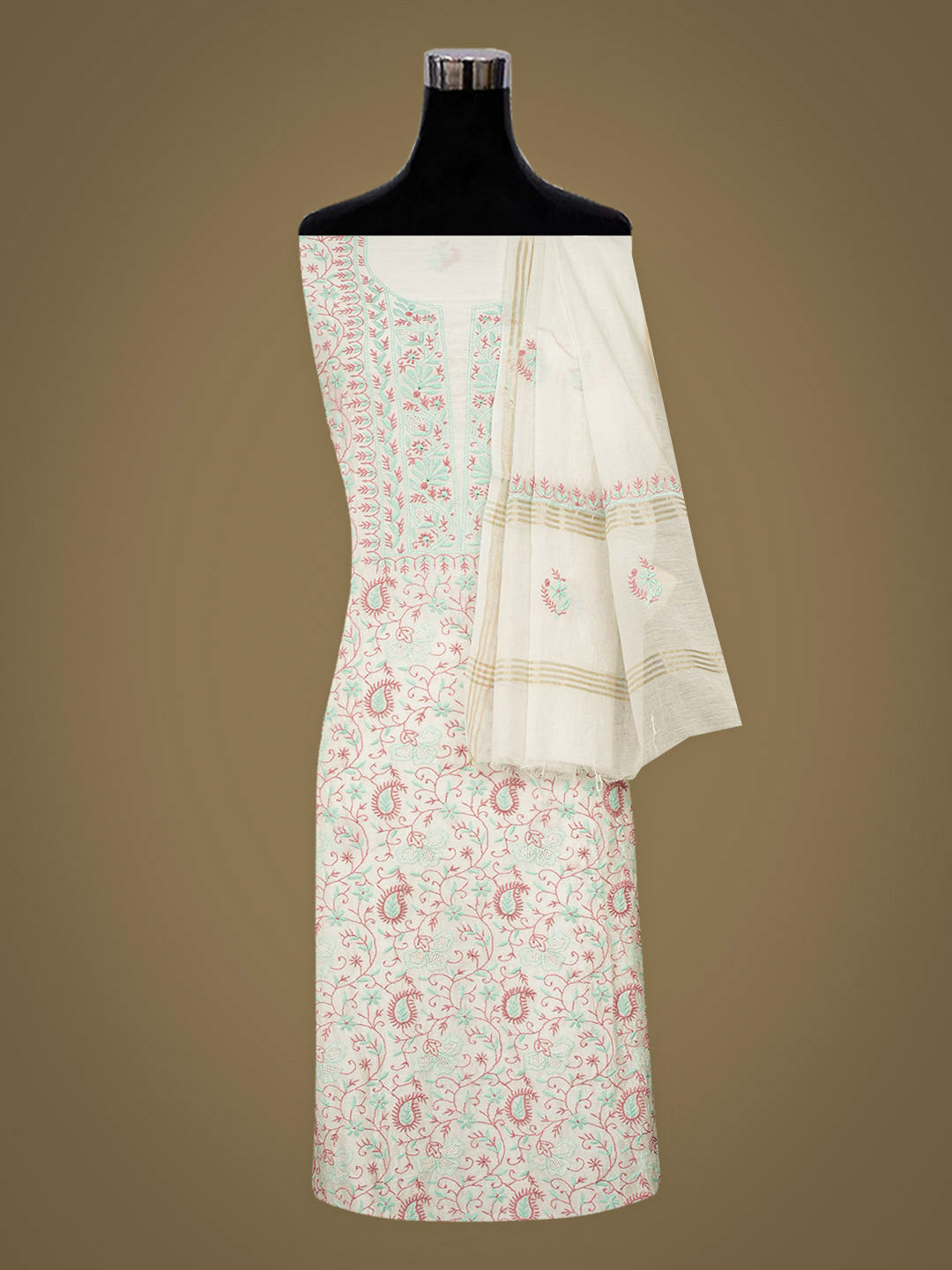 Ada Hand Embroidered White Chanderi Lucknowi Chikankari Unstitched Kurta Dupatta 01A955578
