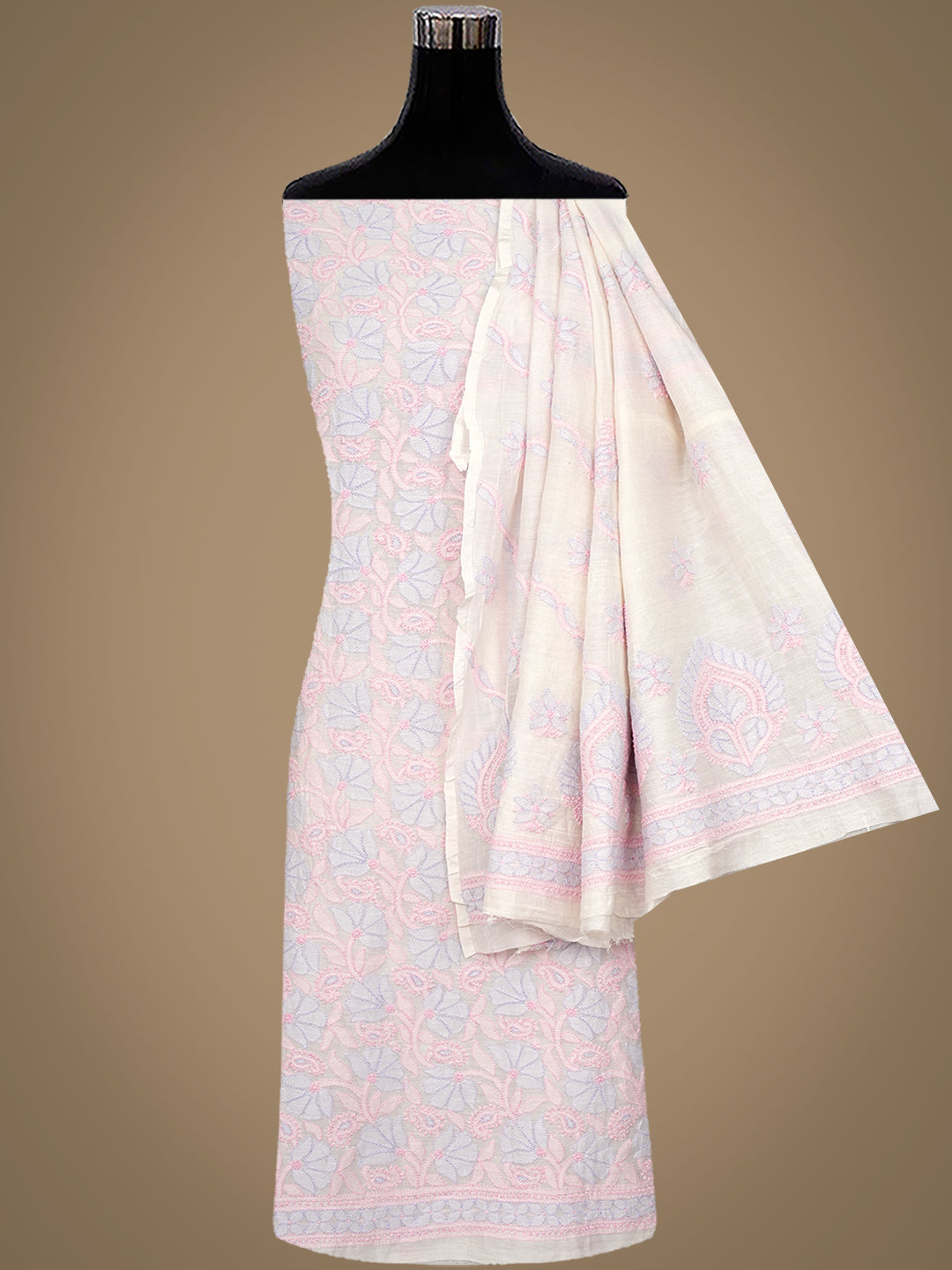 Ada Hand Embroidered White Chanderi Lucknowi Chikankari Unstitched Kurta Dupatta 01A980410