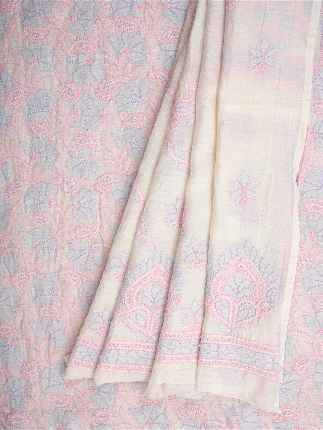 Ada Hand Embroidered White Chanderi Lucknowi Chikankari Unstitched Kurta Dupatta 01A980410