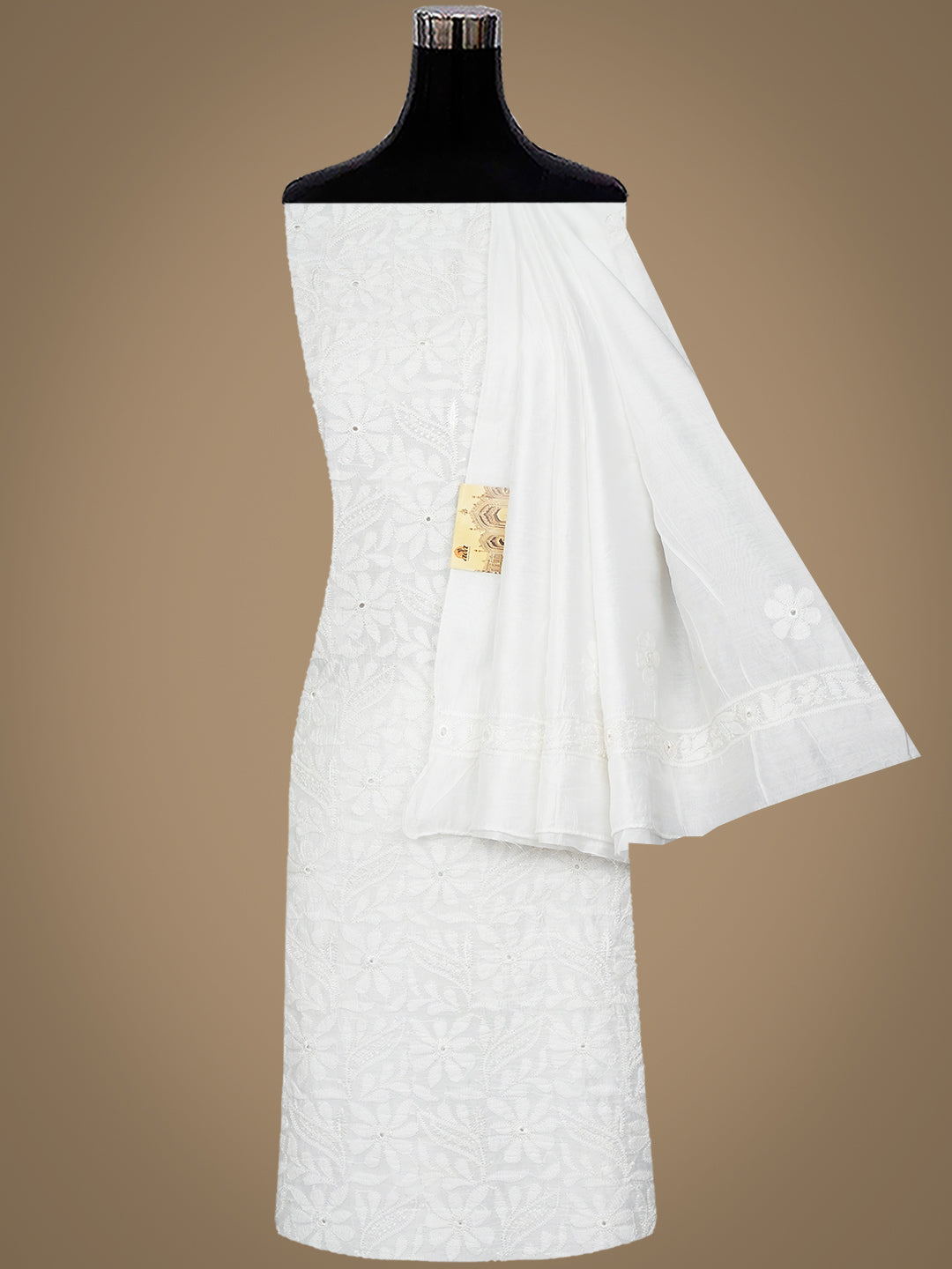 Ada Hand Embroidered White Chanderi Lucknowi Chikankari Unstitched Kurta Dupatta Set 01A798338