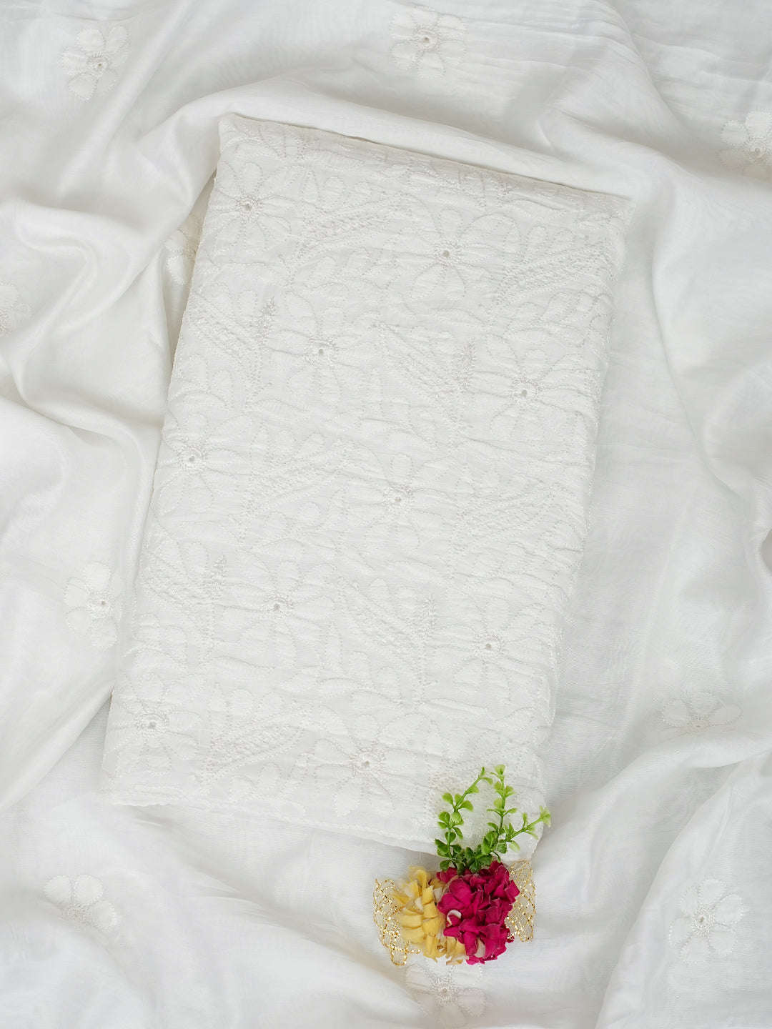 Ada Hand Embroidered White Chanderi Lucknowi Chikankari Unstitched Kurta Dupatta Set 01A798338