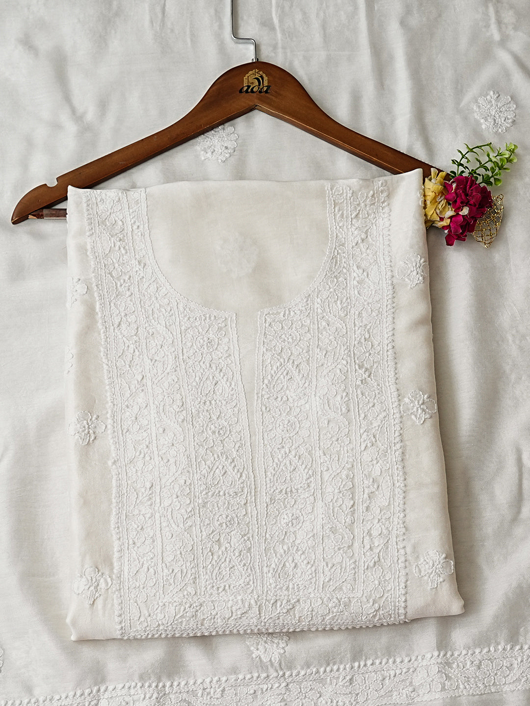 Ada Hand Embroidered White Chanderi Lucknowi Chikankari Unstitched Kurta Dupatta Set 01A932562