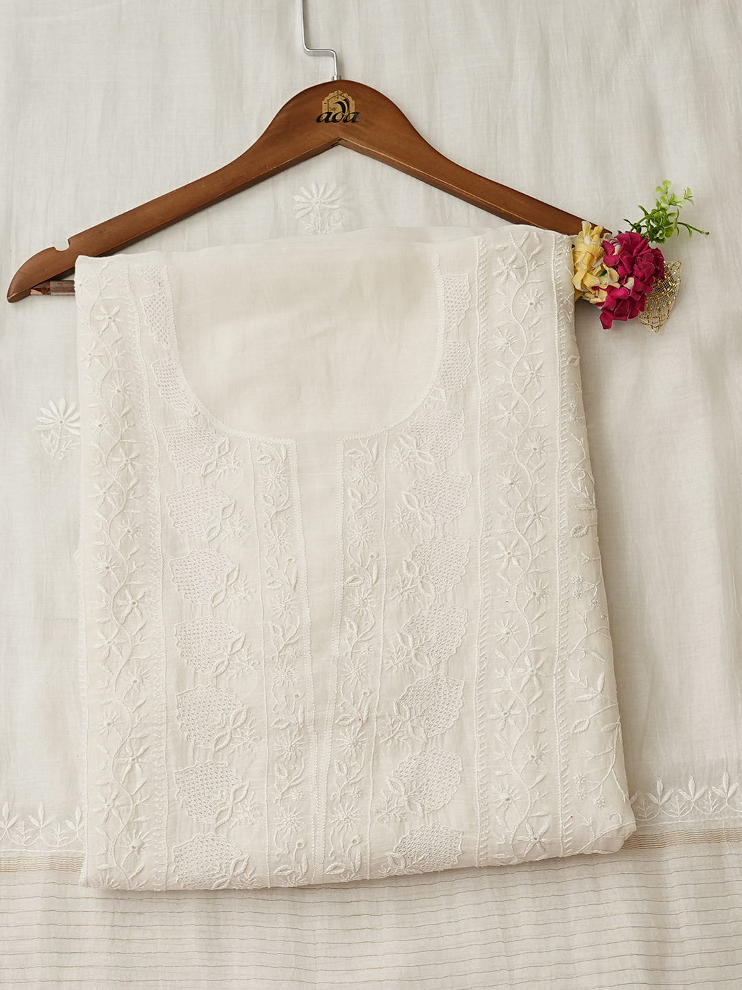 Ada Hand Embroidered White Chanderi Lucknowi Chikankari Unstitched Kurta Dupatta Set 01A960037