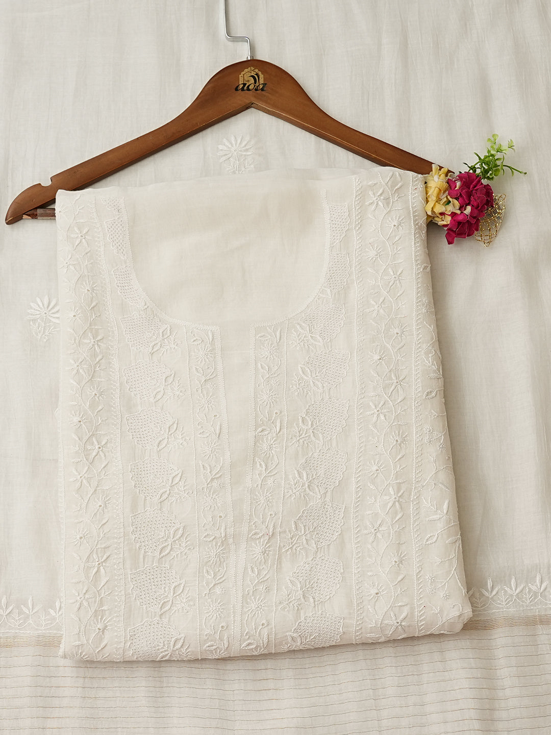 Ada Hand Embroidered White Chanderi Lucknowi Chikankari Unstitched Kurta Dupatta Set 01A960037