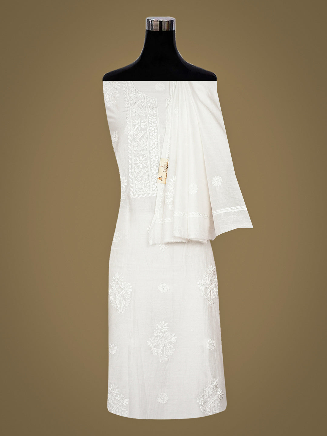 Ada Hand Embroidered White Chanderi Lucknowi Chikankari Unstitched Kurta Dupatta Set 01A983149