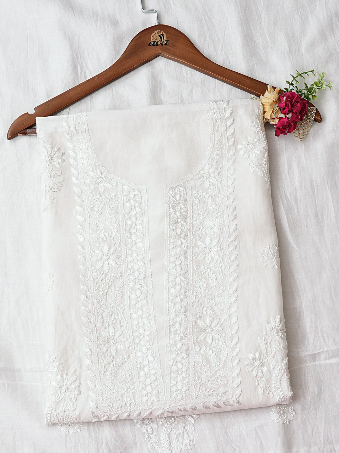 Ada Hand Embroidered White Chanderi Lucknowi Chikankari Unstitched Kurta Dupatta Set 01A983149