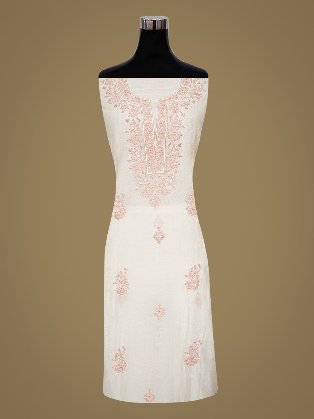 Ada Hand Embroidered White Chanderi Lucknowi Chikankari Unstitched Kurta Dupatta Set With Cutdana Work 01A511828