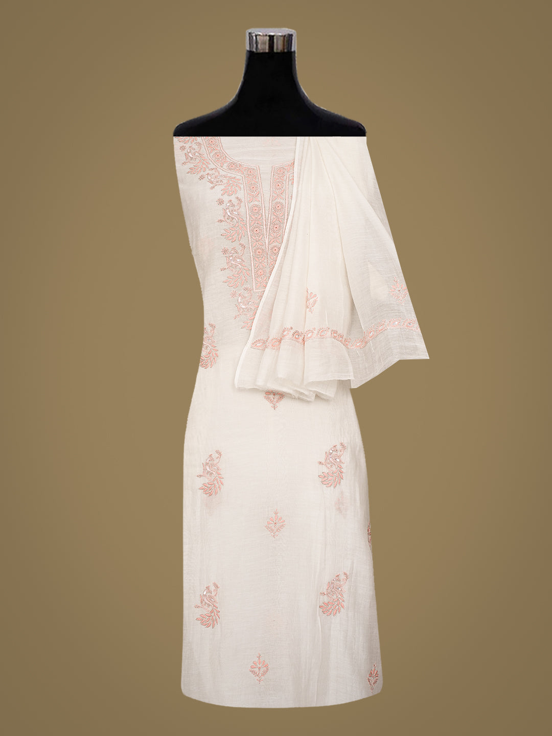 Ada Hand Embroidered White Chanderi Lucknowi Chikankari Unstitched Kurta Dupatta Set With Cutdana Work 01A511828