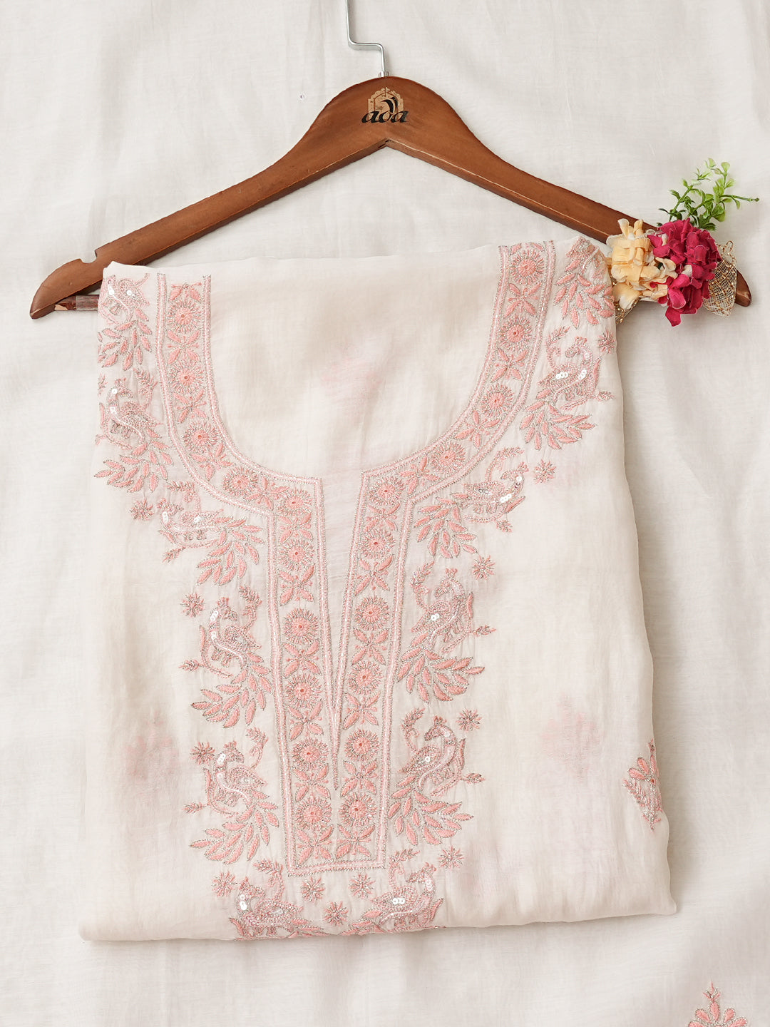 Ada Hand Embroidered White Chanderi Lucknowi Chikankari Unstitched Kurta Dupatta Set With Cutdana Work 01A511828