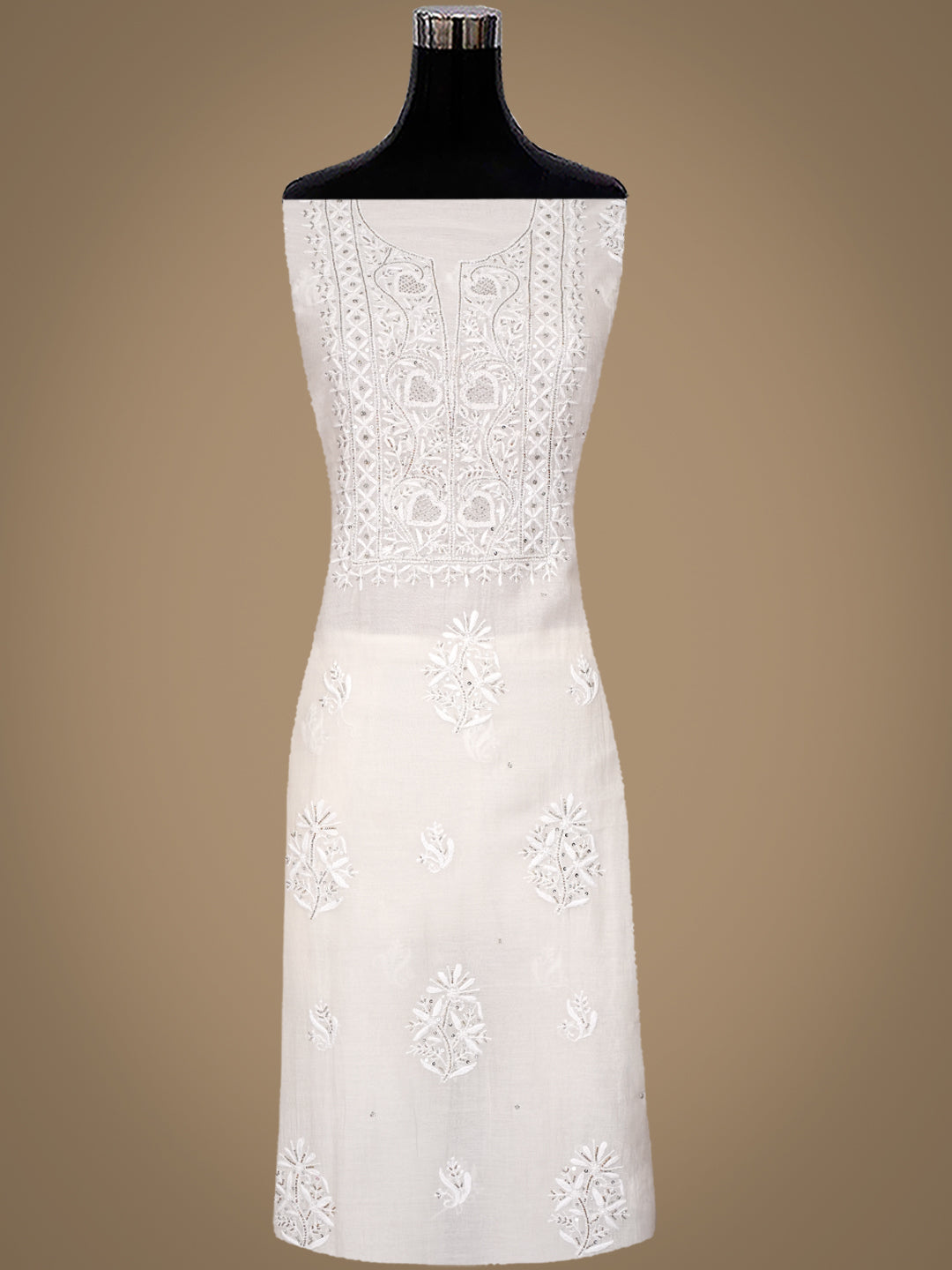 Ada Hand Embroidered White Chanderi Lucknowi Chikankari Unstitched Kurta Dupatta Set With Cutdana Work 01A881357