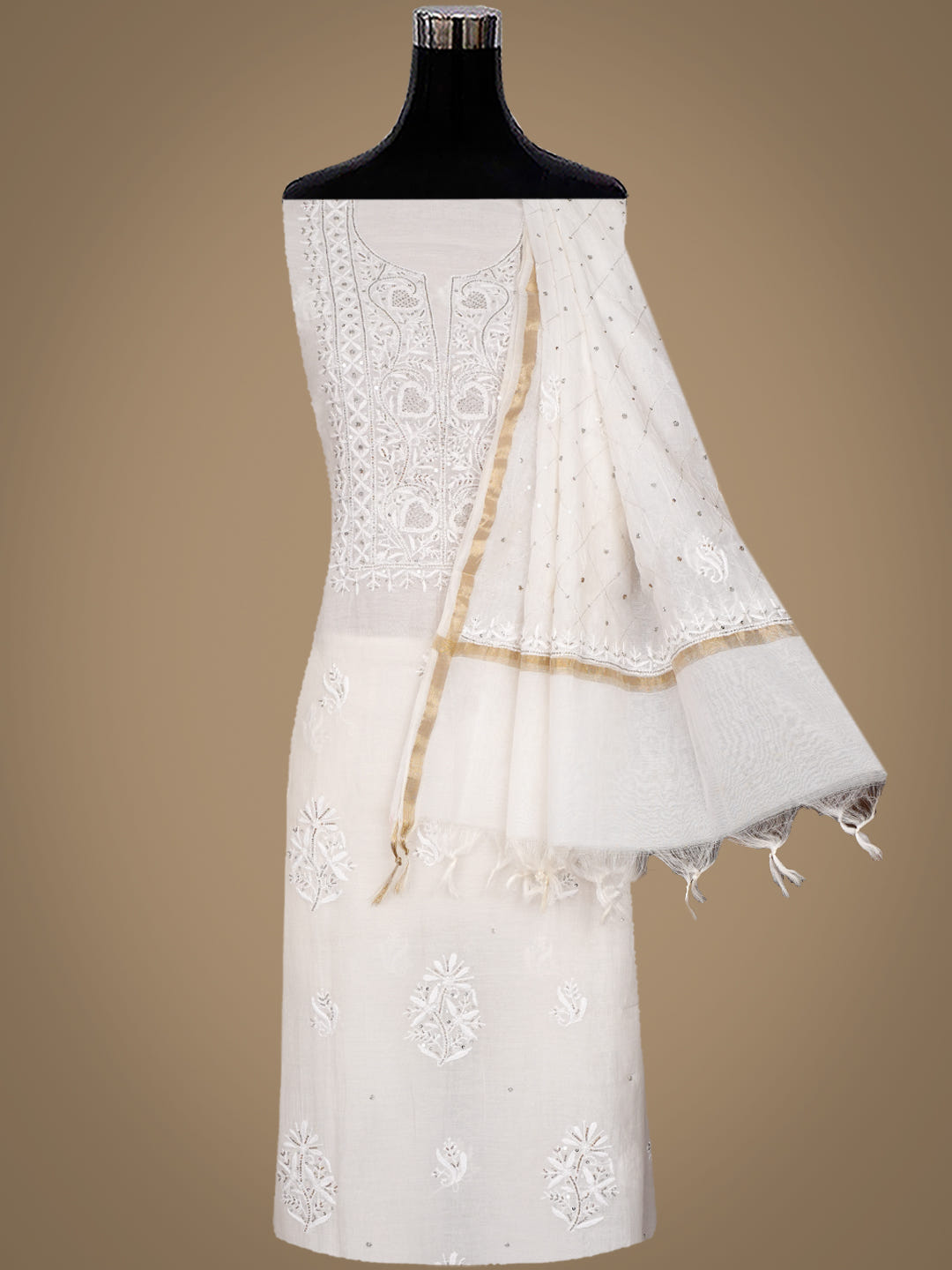 Ada Hand Embroidered White Chanderi Lucknowi Chikankari Unstitched Kurta Dupatta Set With Cutdana Work 01A881357