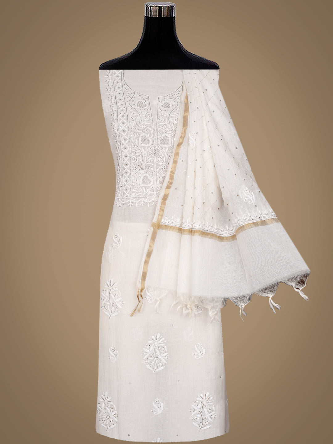 Ada Hand Embroidered White Chanderi Lucknowi Chikankari Unstitched Kurta Dupatta Set With Cutdana Work 01A881357