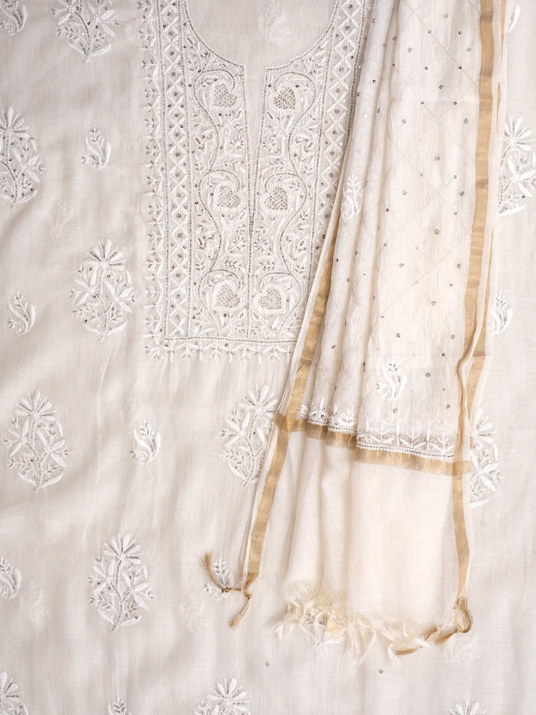 Ada Hand Embroidered White Chanderi Lucknowi Chikankari Unstitched Kurta Dupatta Set With Cutdana Work 01A881357