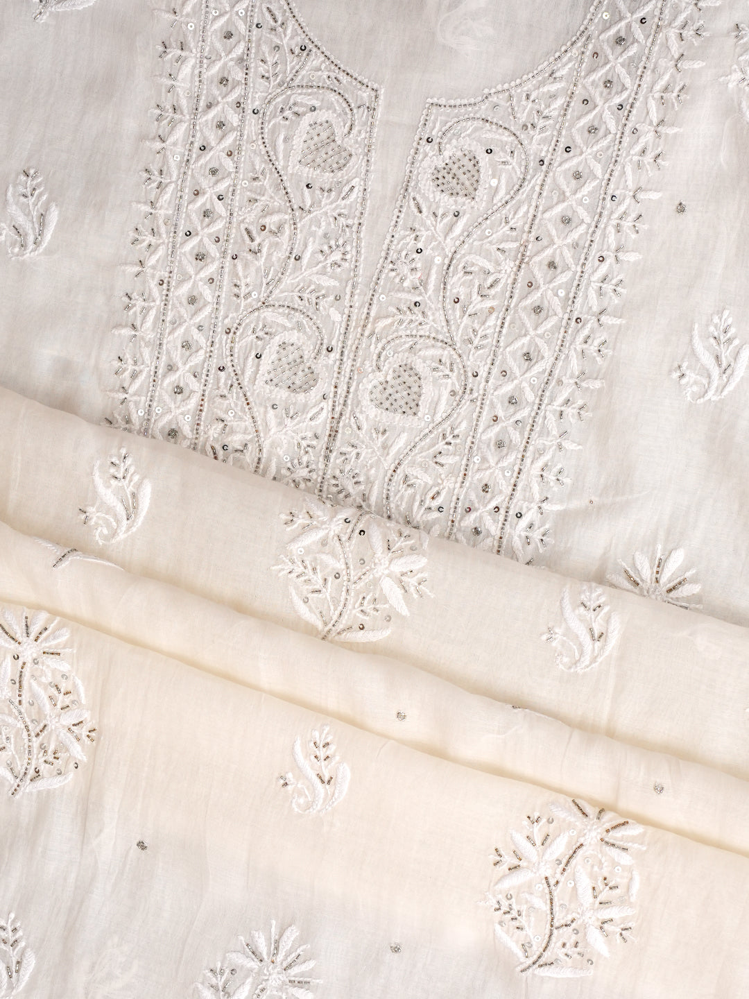 Ada Hand Embroidered White Chanderi Lucknowi Chikankari Unstitched Kurta Dupatta Set With Cutdana Work 01A881357