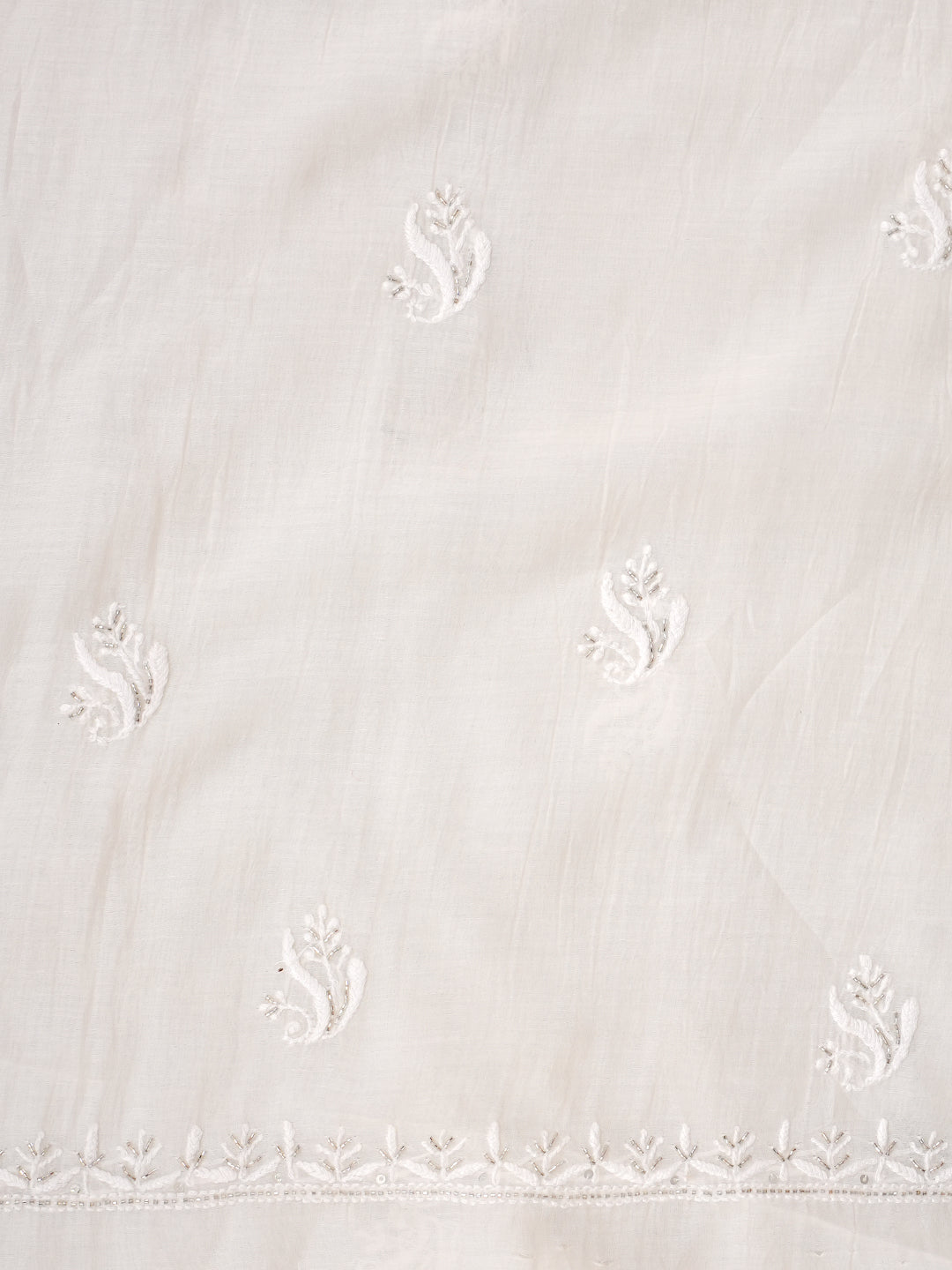 Ada Hand Embroidered White Chanderi Lucknowi Chikankari Unstitched Kurta Dupatta Set With Cutdana Work 01A881357
