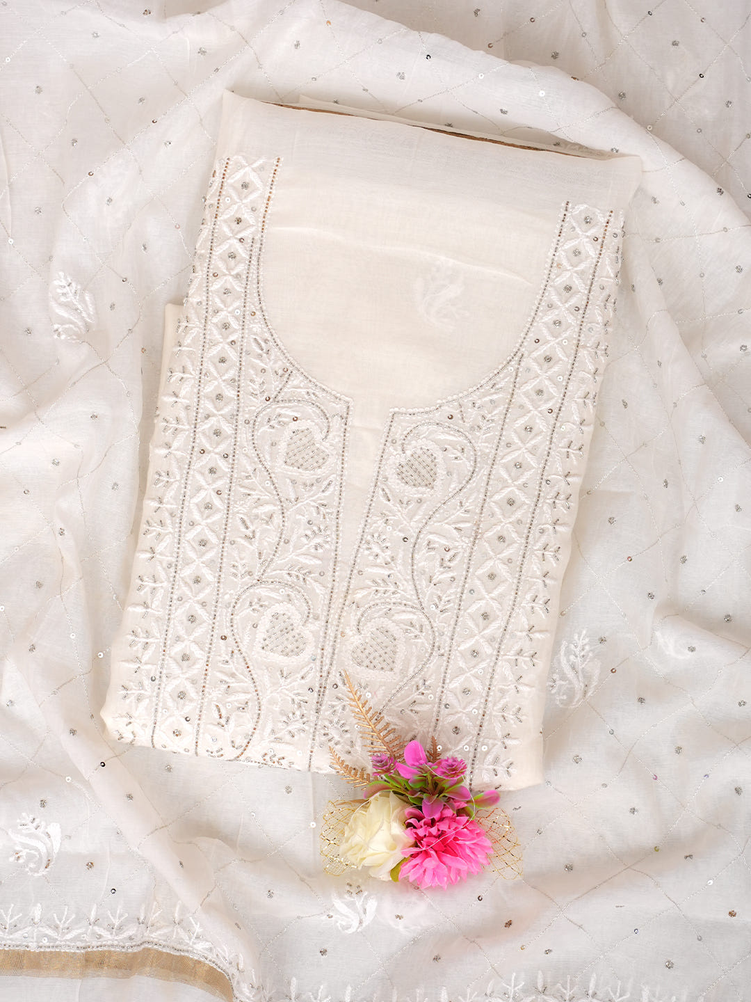 Ada Hand Embroidered White Chanderi Lucknowi Chikankari Unstitched Kurta Dupatta Set With Cutdana Work 01A881357