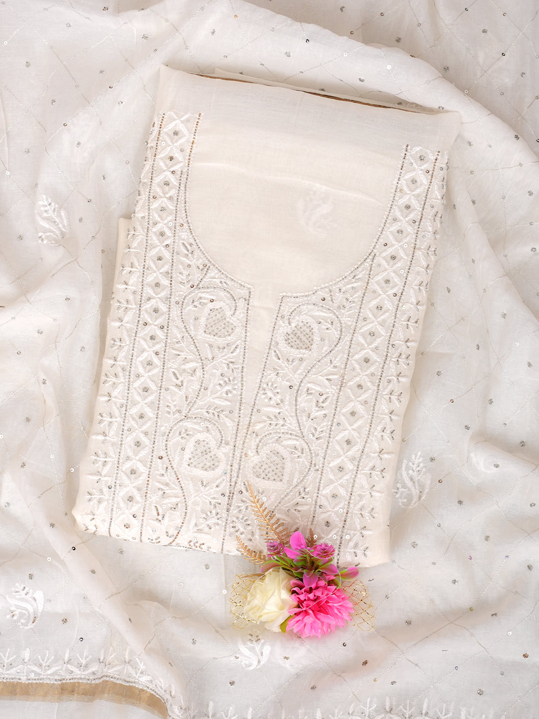 Ada Hand Embroidered White Chanderi Lucknowi Chikankari Unstitched Kurta Dupatta Set With Cutdana Work 01A881357