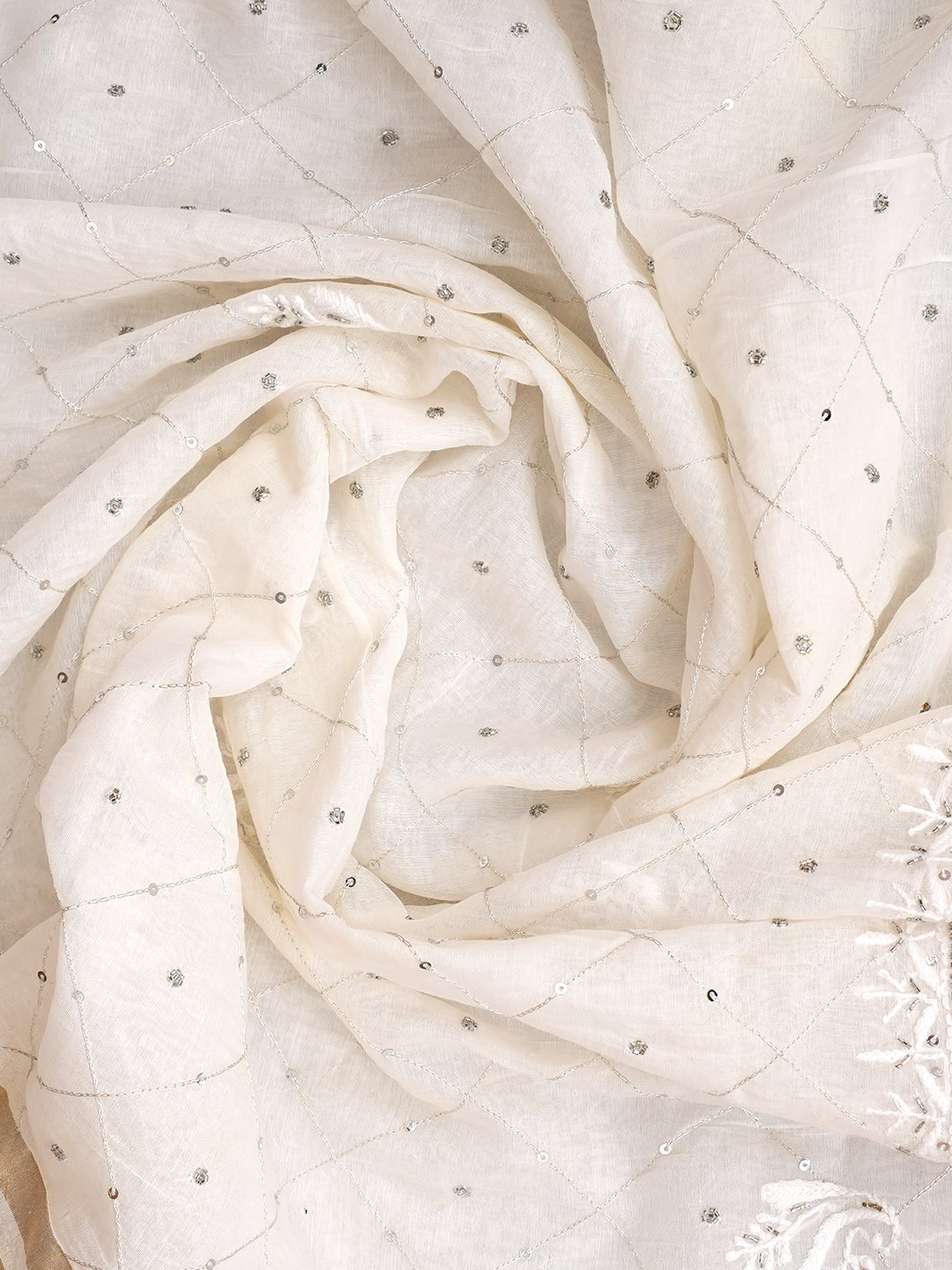Ada Hand Embroidered White Chanderi Lucknowi Chikankari Unstitched Kurta Dupatta Set With Cutdana Work 01A881357