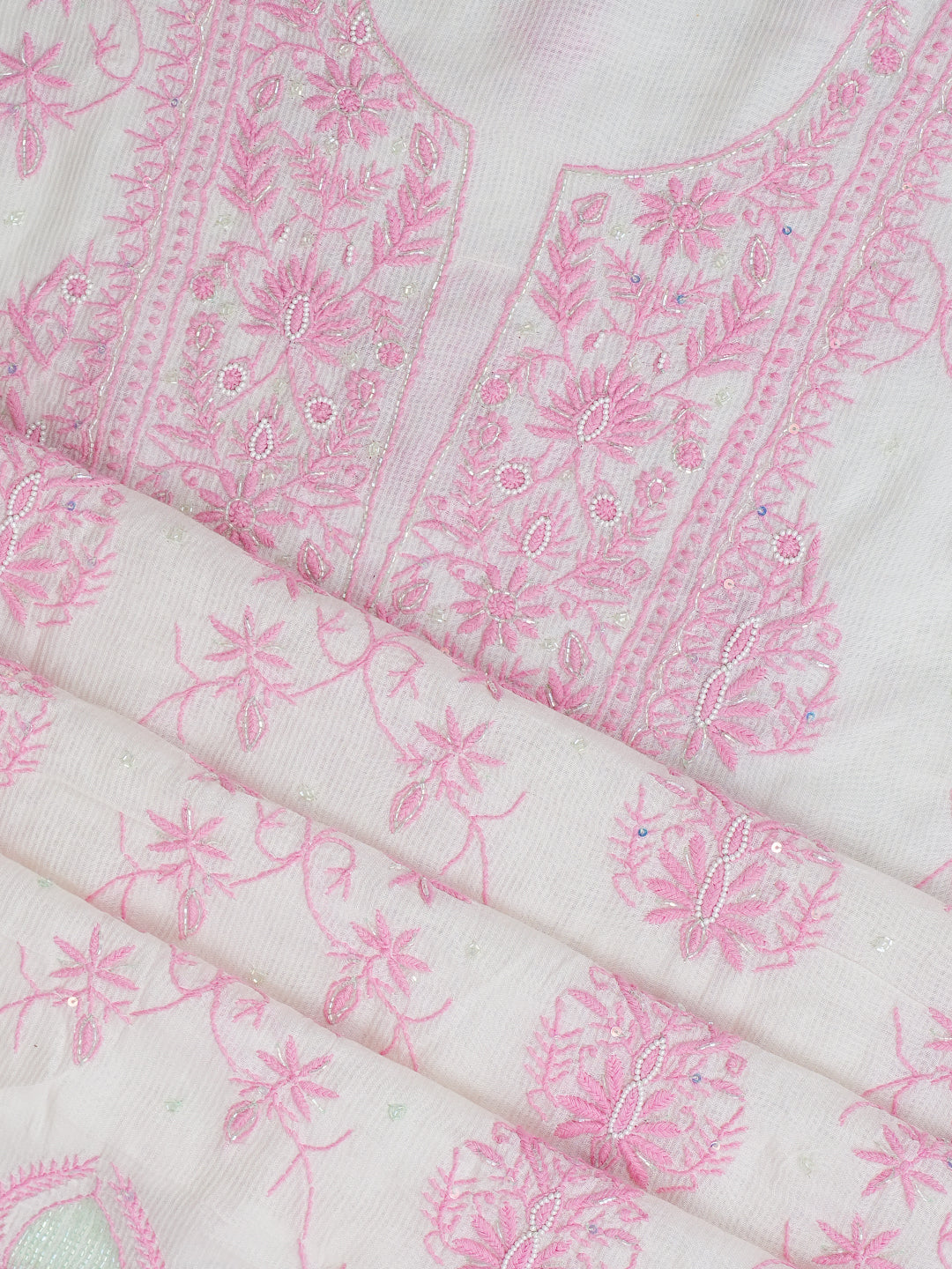 Ada Hand Embroidered White Chanderi Lucknowi Chikankari Unstitched Kurta Dupatta Set With Cutdana Work 01A897603