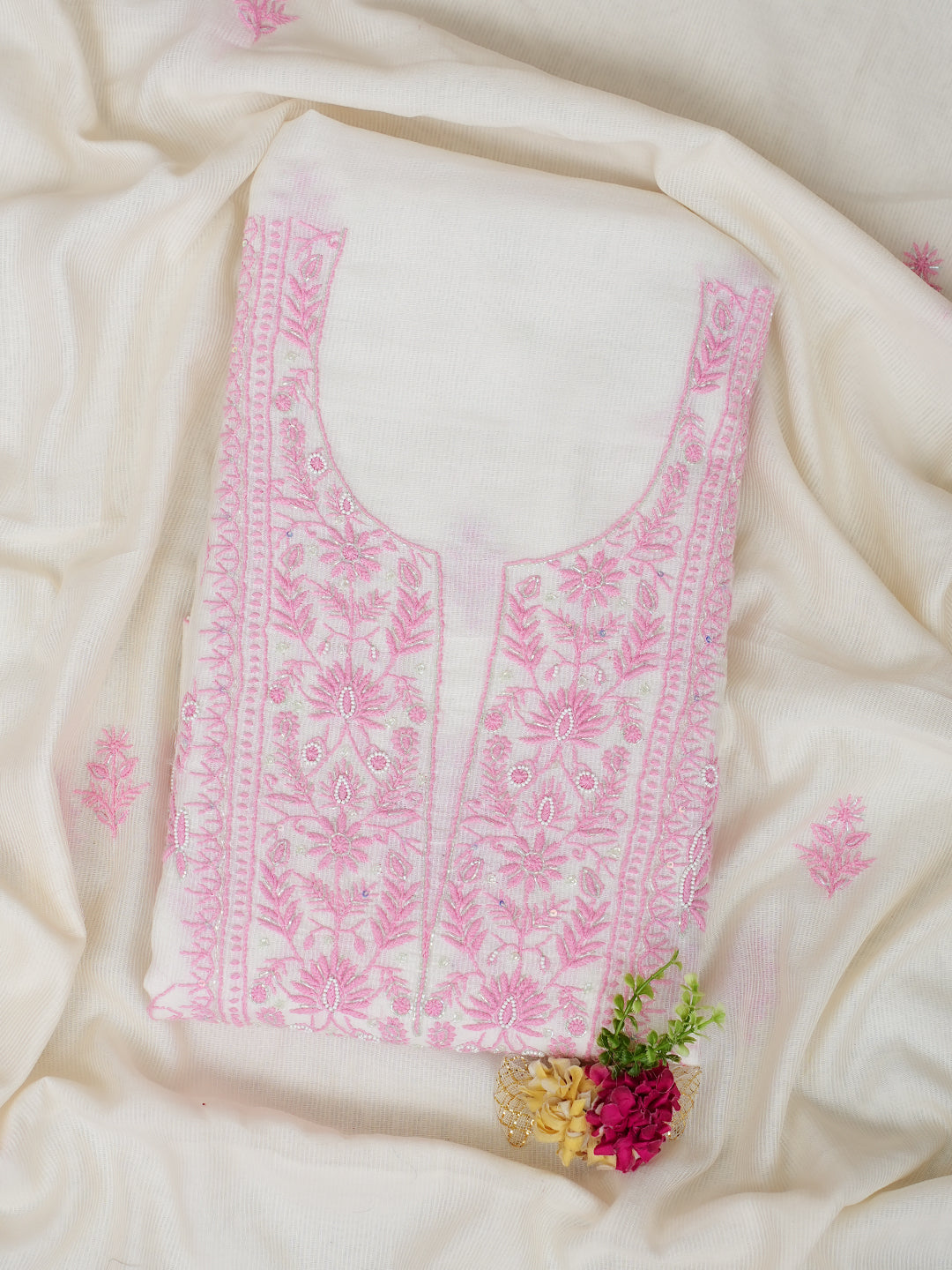 Ada Hand Embroidered White Chanderi Lucknowi Chikankari Unstitched Kurta Dupatta Set With Cutdana Work 01A897603