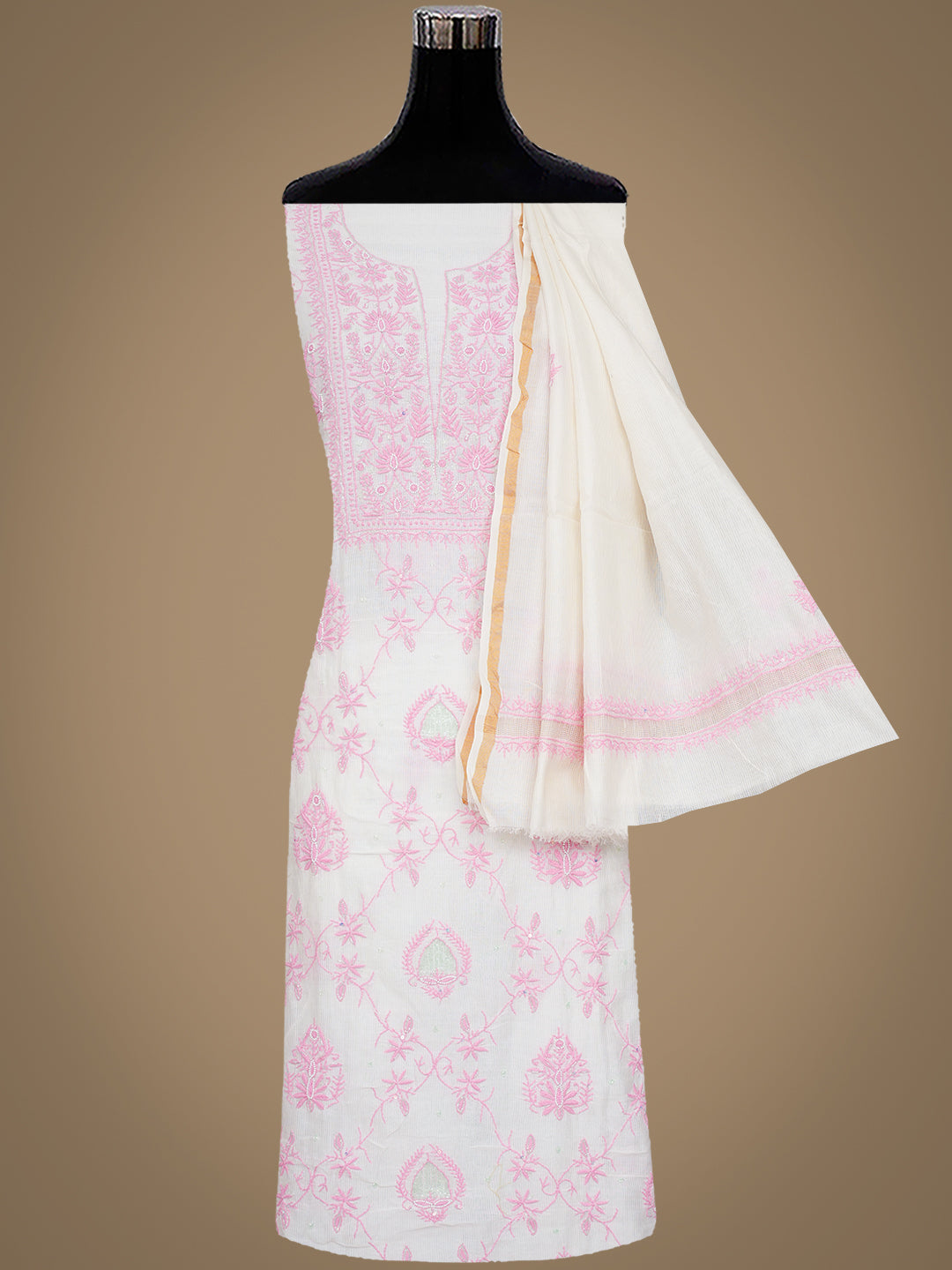 Ada Hand Embroidered White Chanderi Lucknowi Chikankari Unstitched Kurta Dupatta Set With Cutdana Work 01A897603