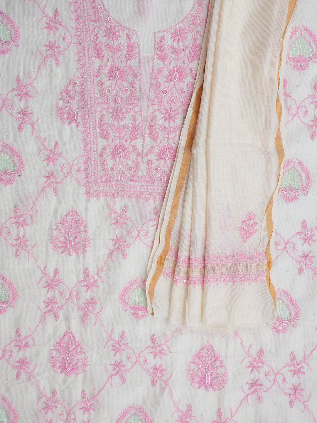 Ada Hand Embroidered White Chanderi Lucknowi Chikankari Unstitched Kurta Dupatta Set With Cutdana Work 01A897603
