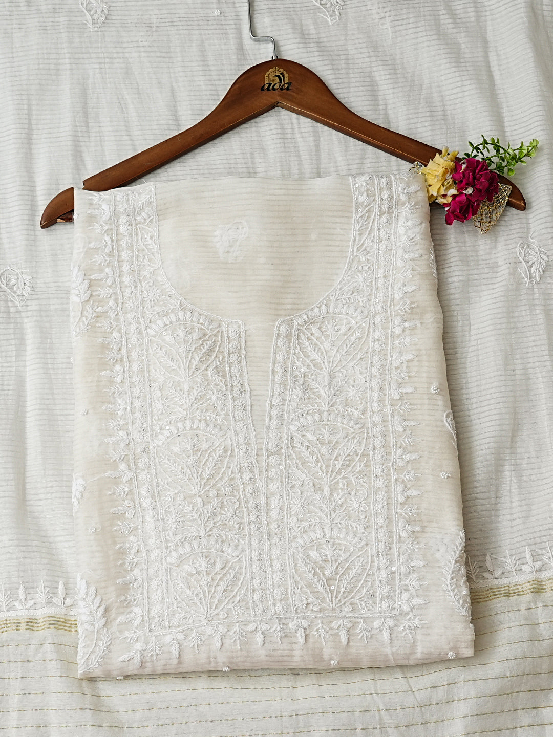 Ada Hand Embroidered White Chanderi Lucknowi Chikankari Unstitched Kurta Dupatta Set With Cutdana Work 01A967602