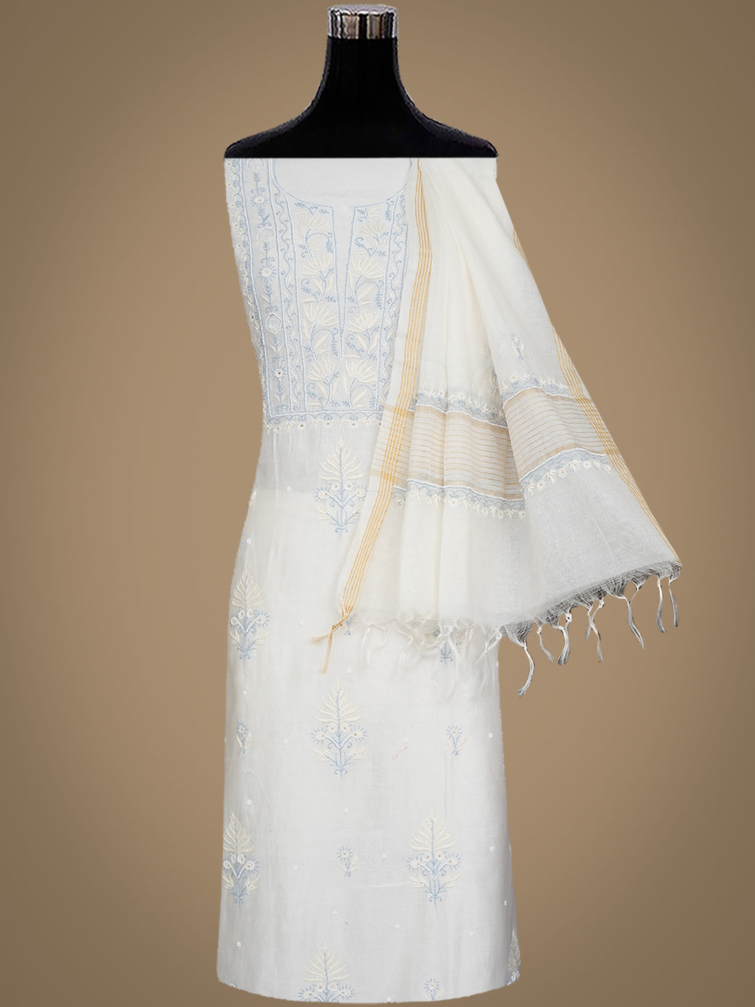 Ada Hand Embroidered White Chanderi Lucknowi Chikankari Unstitched Kurta Dupatta Set With Cutdana Work 01A967716