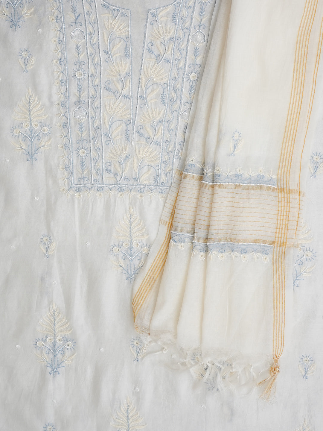 Ada Hand Embroidered White Chanderi Lucknowi Chikankari Unstitched Kurta Dupatta Set With Cutdana Work 01A967716
