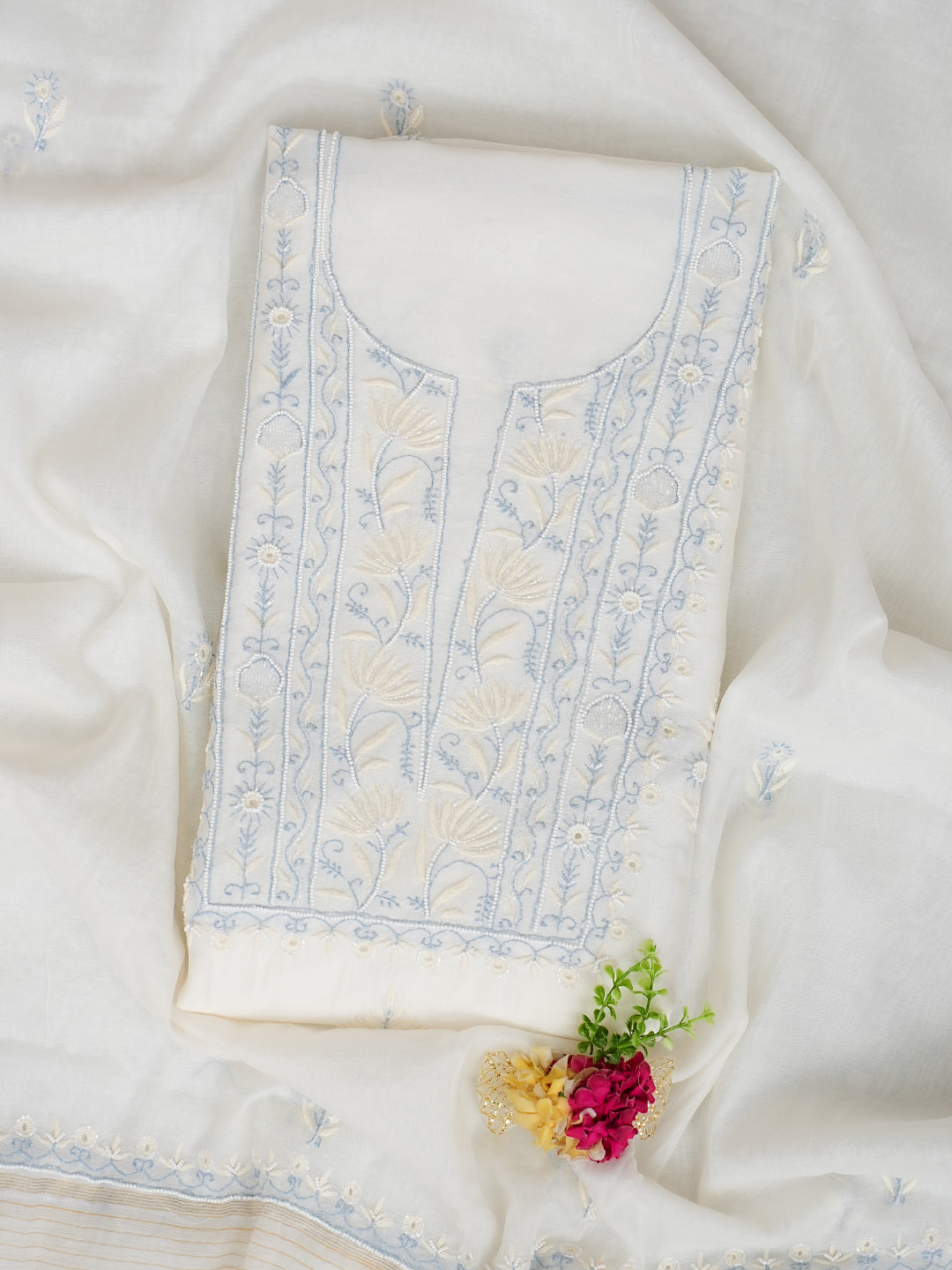 Ada Hand Embroidered White Chanderi Lucknowi Chikankari Unstitched Kurta Dupatta Set With Cutdana Work 01A967716