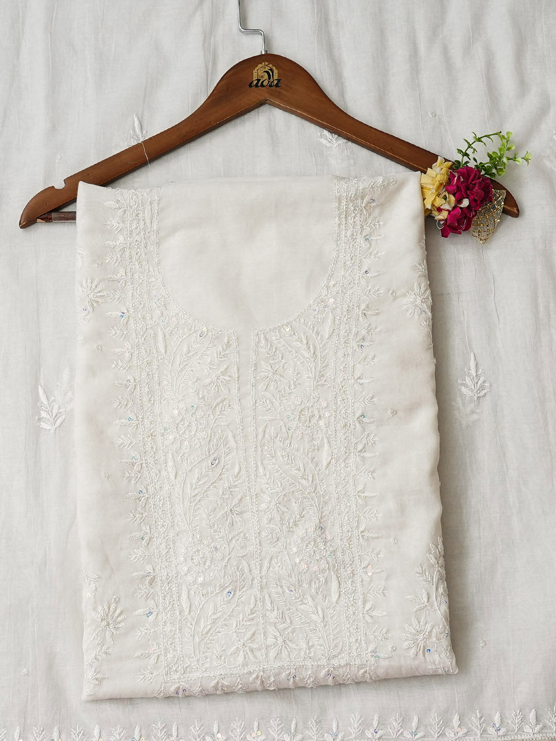Ada Hand Embroidered White Chanderi Lucknowi Chikankari Unstitched Kurta Dupatta Set With Cutdana Work 07A501612