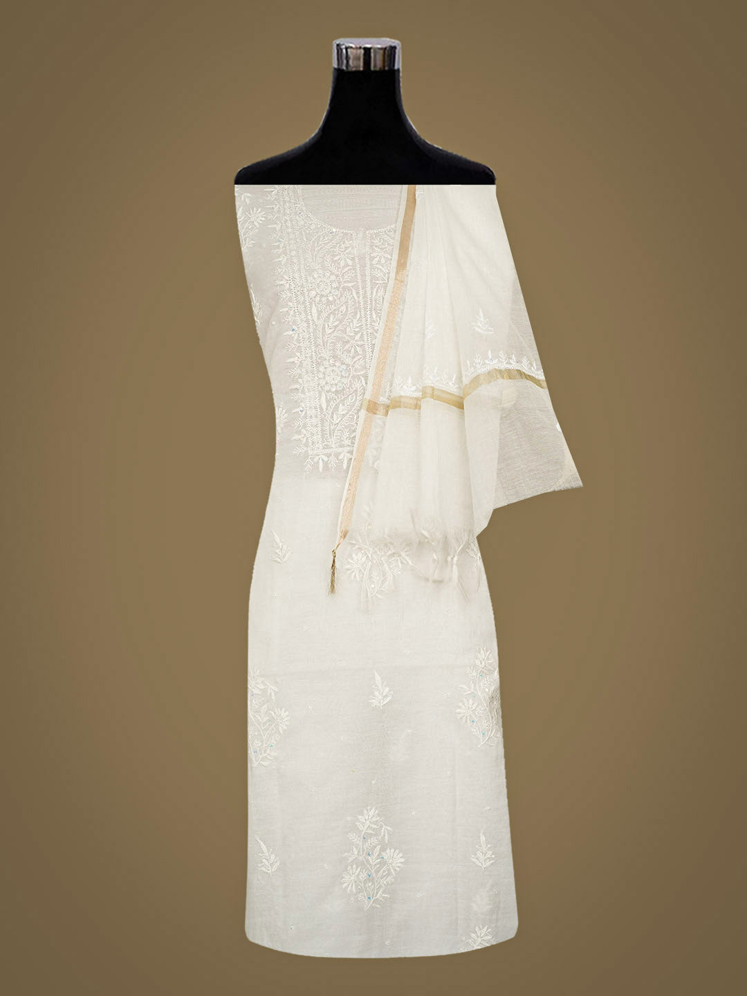 Ada Hand Embroidered White Chanderi Lucknowi Chikankari Unstitched Kurta Dupatta Set With Cutdana Work 07A501612