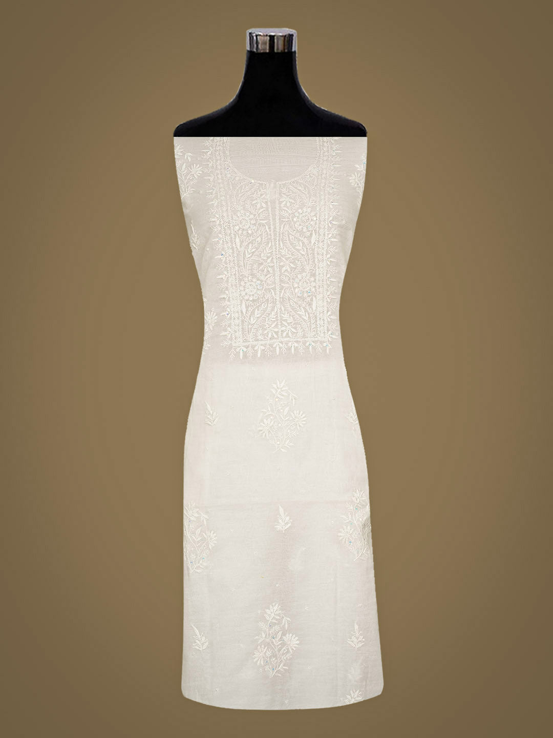 Ada Hand Embroidered White Chanderi Lucknowi Chikankari Unstitched Kurta Dupatta Set With Cutdana Work 07A501612