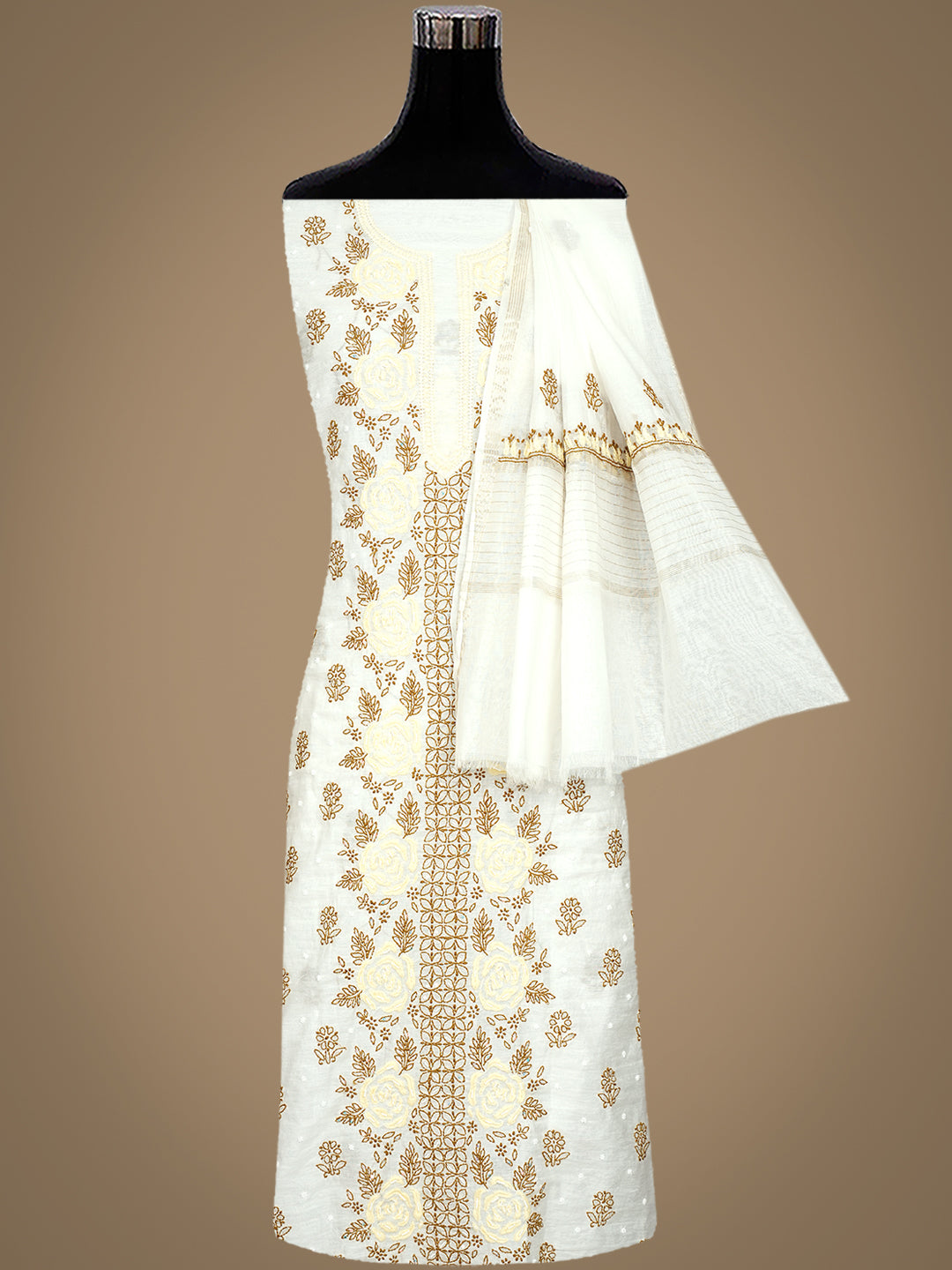 Ada Hand Embroidered White Chanderi Lucknowi Chikankari Unstitched Kurta Dupatta Set With Pearl Work 01A897574