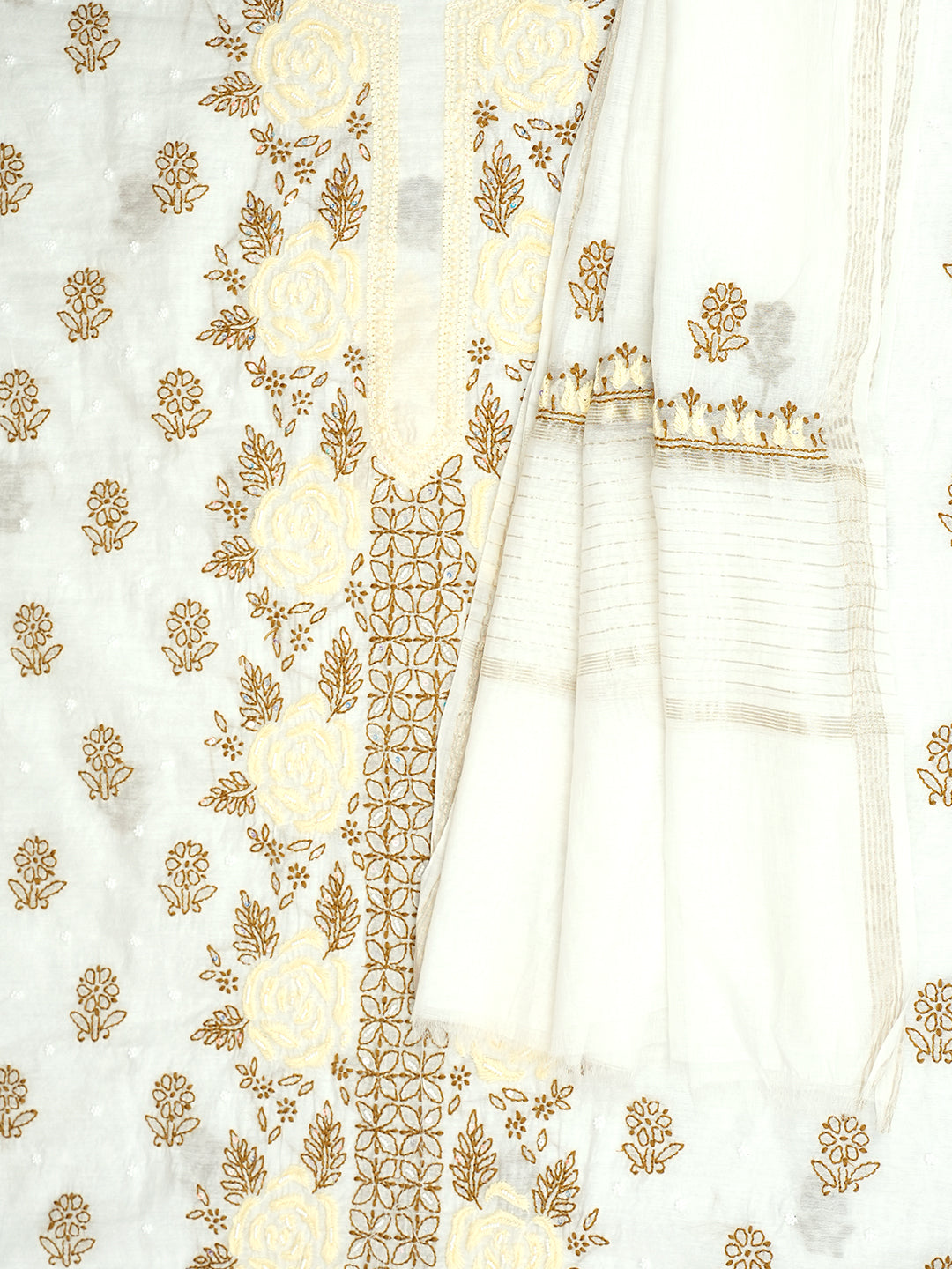 Ada Hand Embroidered White Chanderi Lucknowi Chikankari Unstitched Kurta Dupatta Set With Pearl Work 01A897574