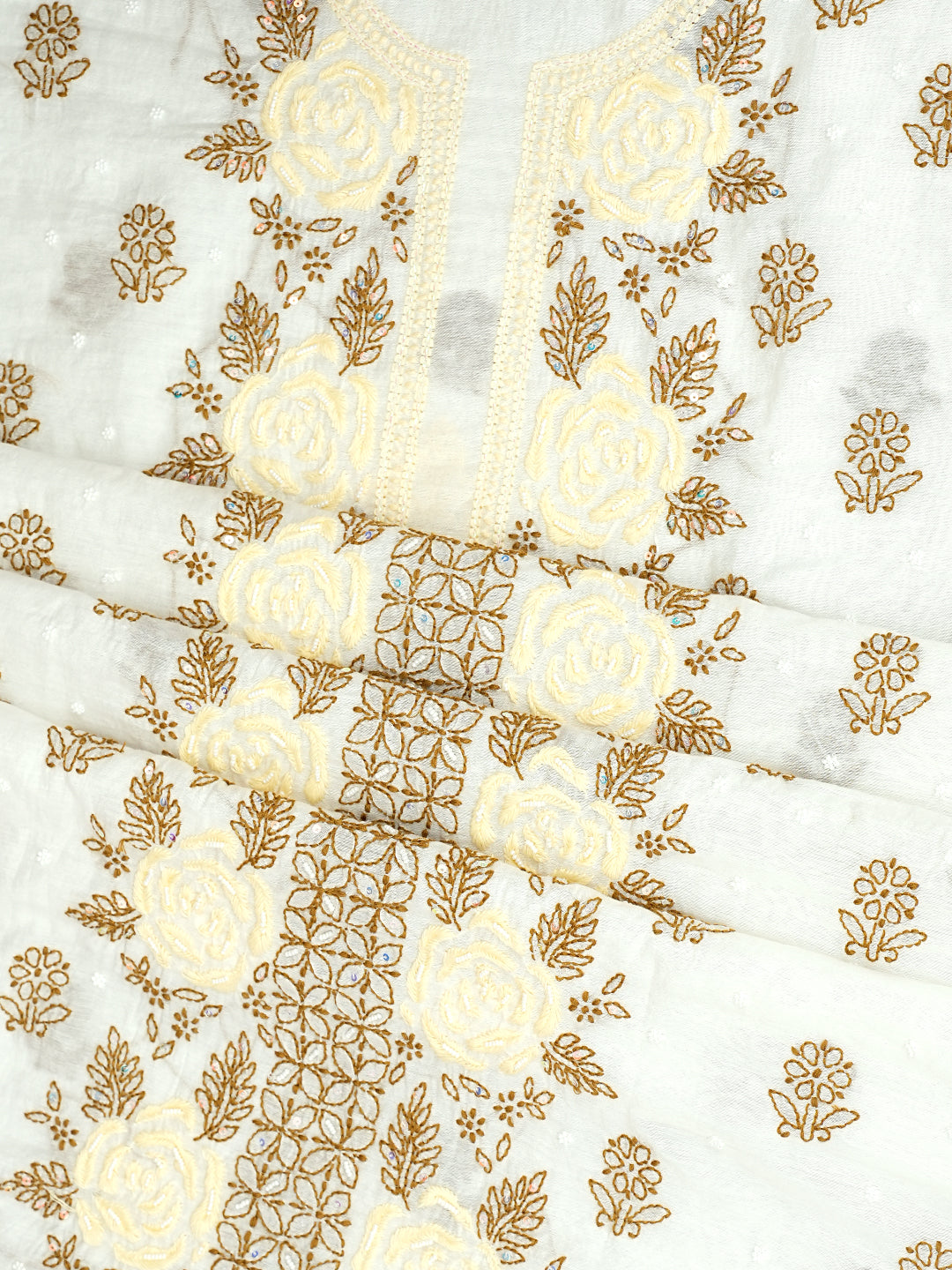 Ada Hand Embroidered White Chanderi Lucknowi Chikankari Unstitched Kurta Dupatta Set With Pearl Work 01A897574