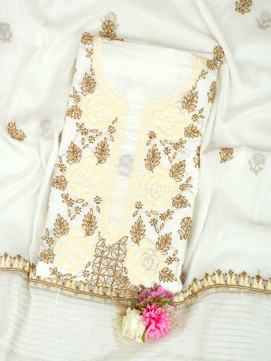 Ada Hand Embroidered White Chanderi Lucknowi Chikankari Unstitched Kurta Dupatta Set With Pearl Work 01A897574