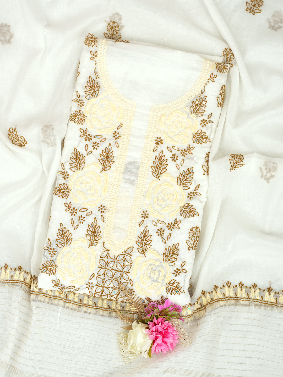 Ada Hand Embroidered White Chanderi Lucknowi Chikankari Unstitched Kurta Dupatta Set With Pearl Work 01A897574